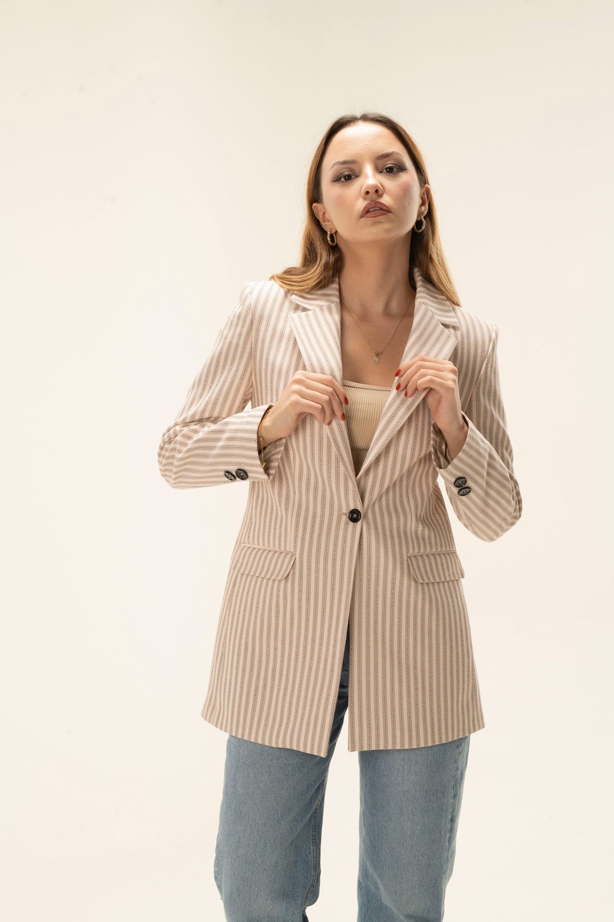 Çizgili Tek Düğme Astarlı Vatkalı Blazer ceket - Bej