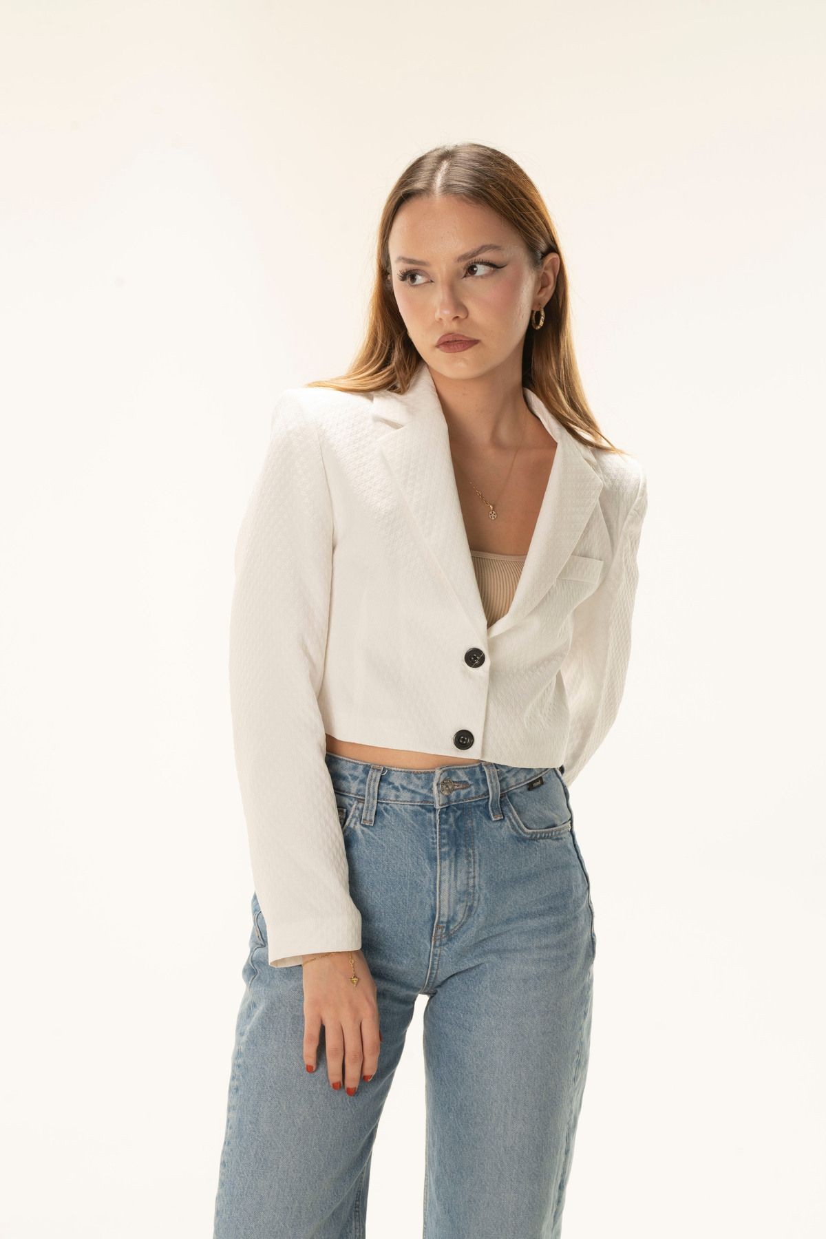 White Seersucker Crop Lined Blazer Jacket