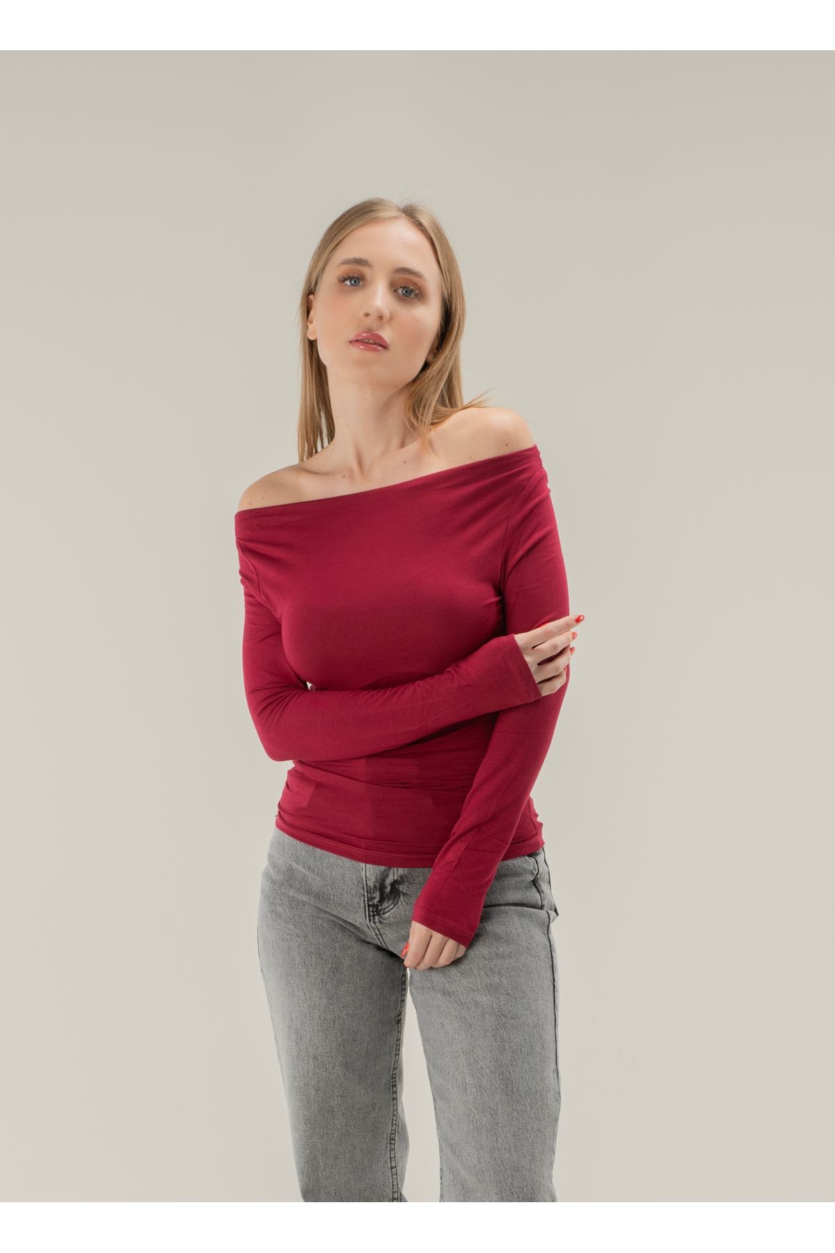 Degaje Yaka Soft Touch Bambu Yan Büzgülü T-shirt - Bordo