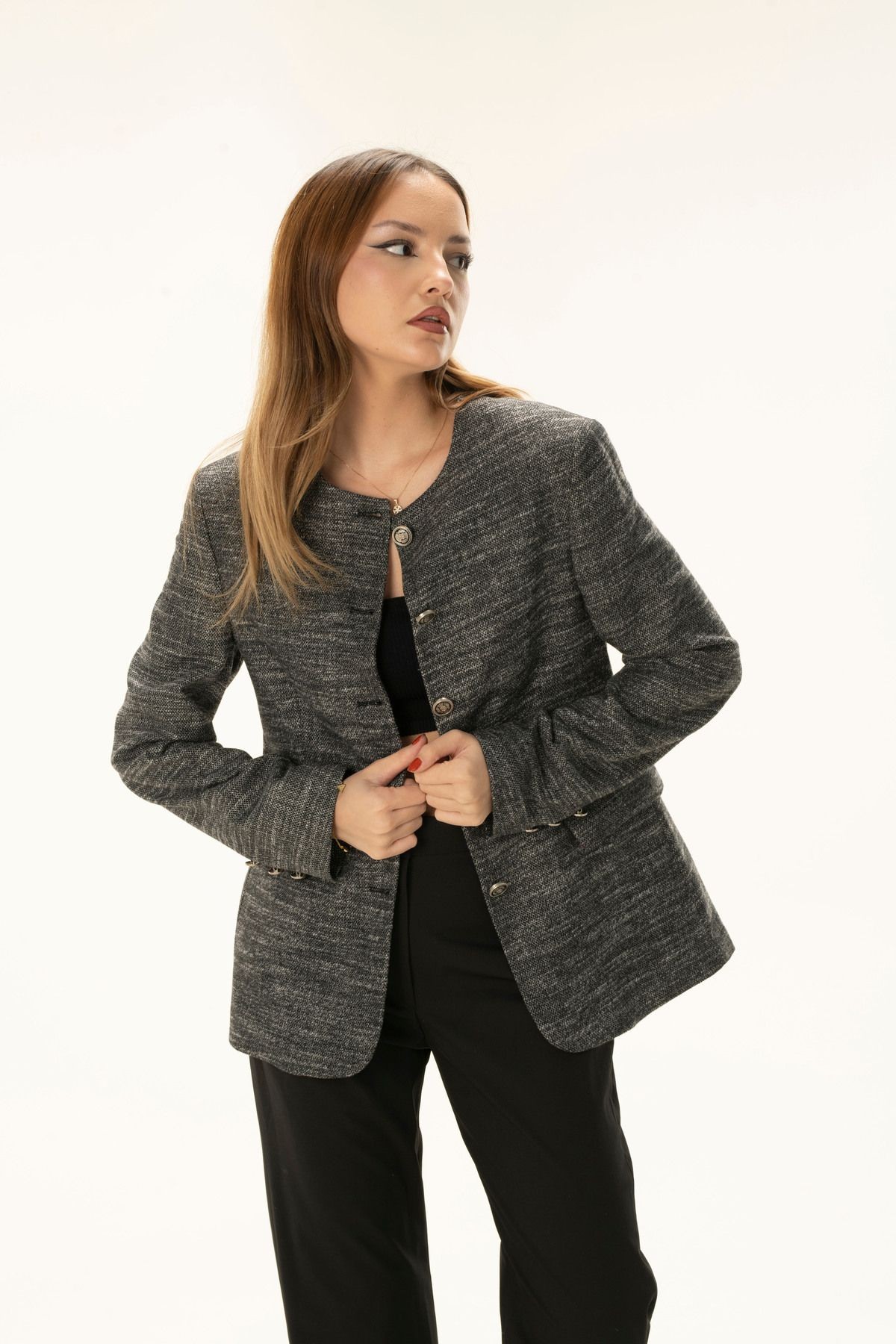 Full Button Lined Wadded Short Wool Blazer jacket with Bicycle Collar