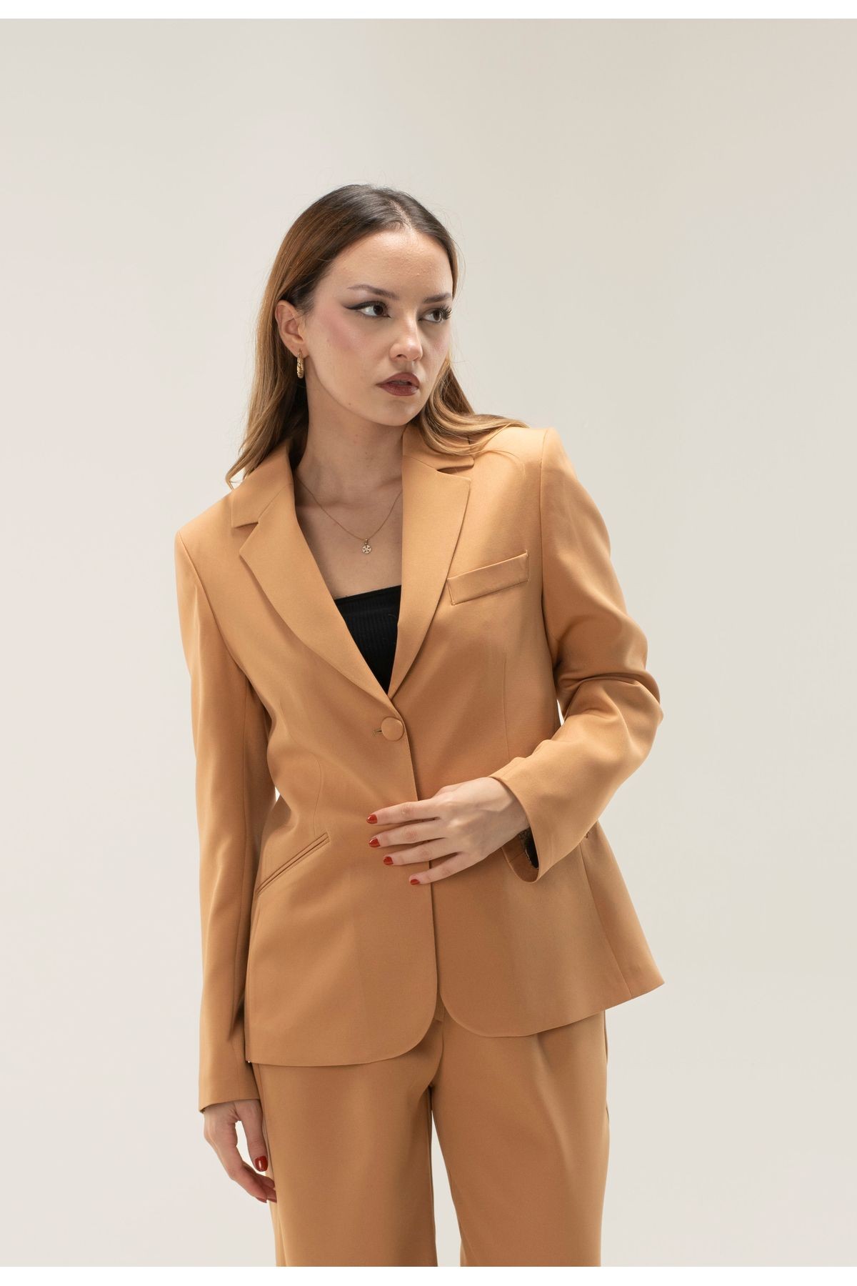 Leopard Lining Double Button Wadded Short Blazer jacket - CARAMEL