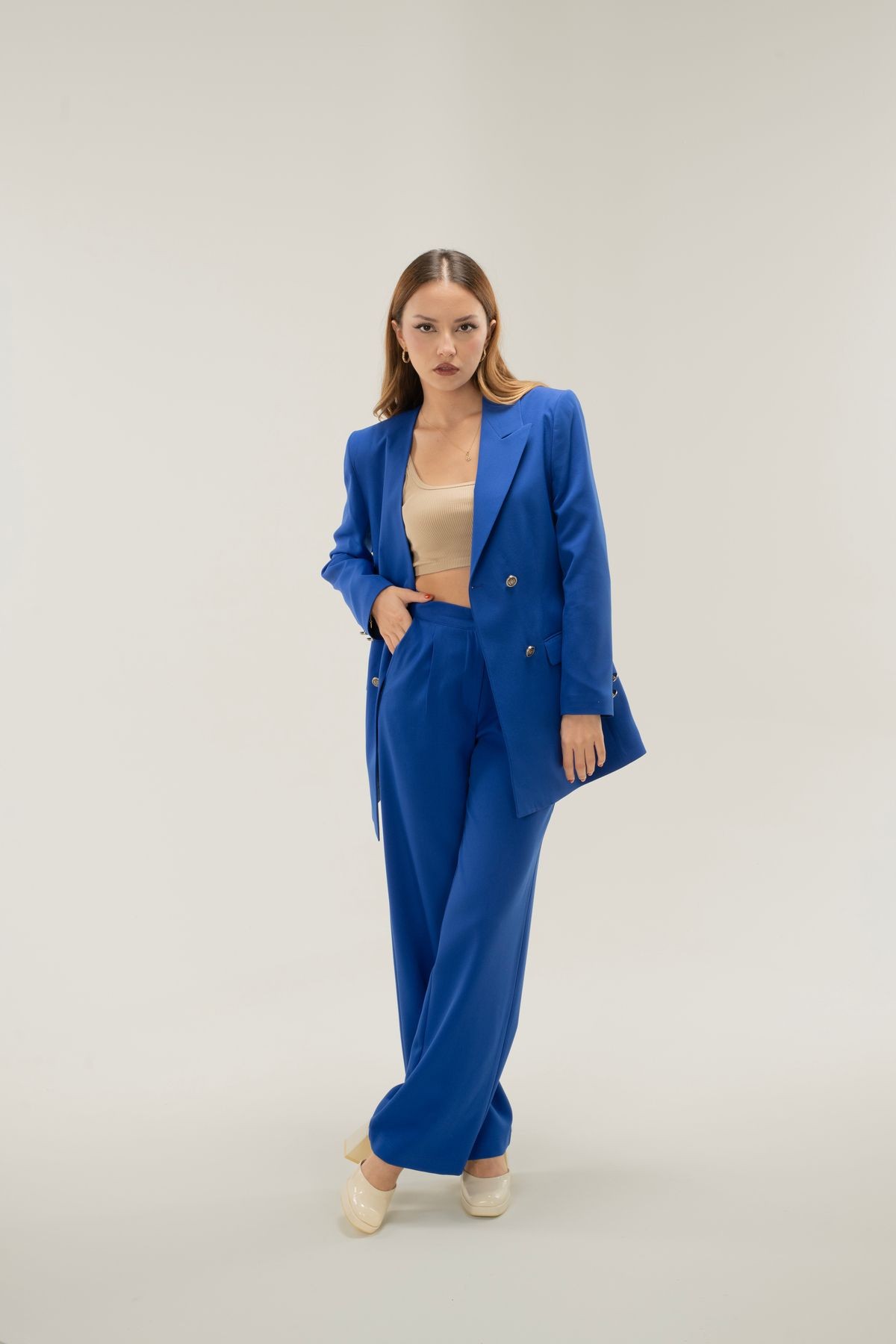 Kruvaze Vatkalı Astarlı Gümüş Düğme Tek Yaka Blazer ceket - saks