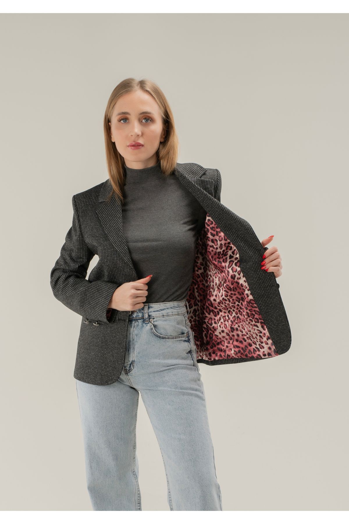 Leopar Astarlı Blazer Ceket Çift Düğme-EXCLUSİVE