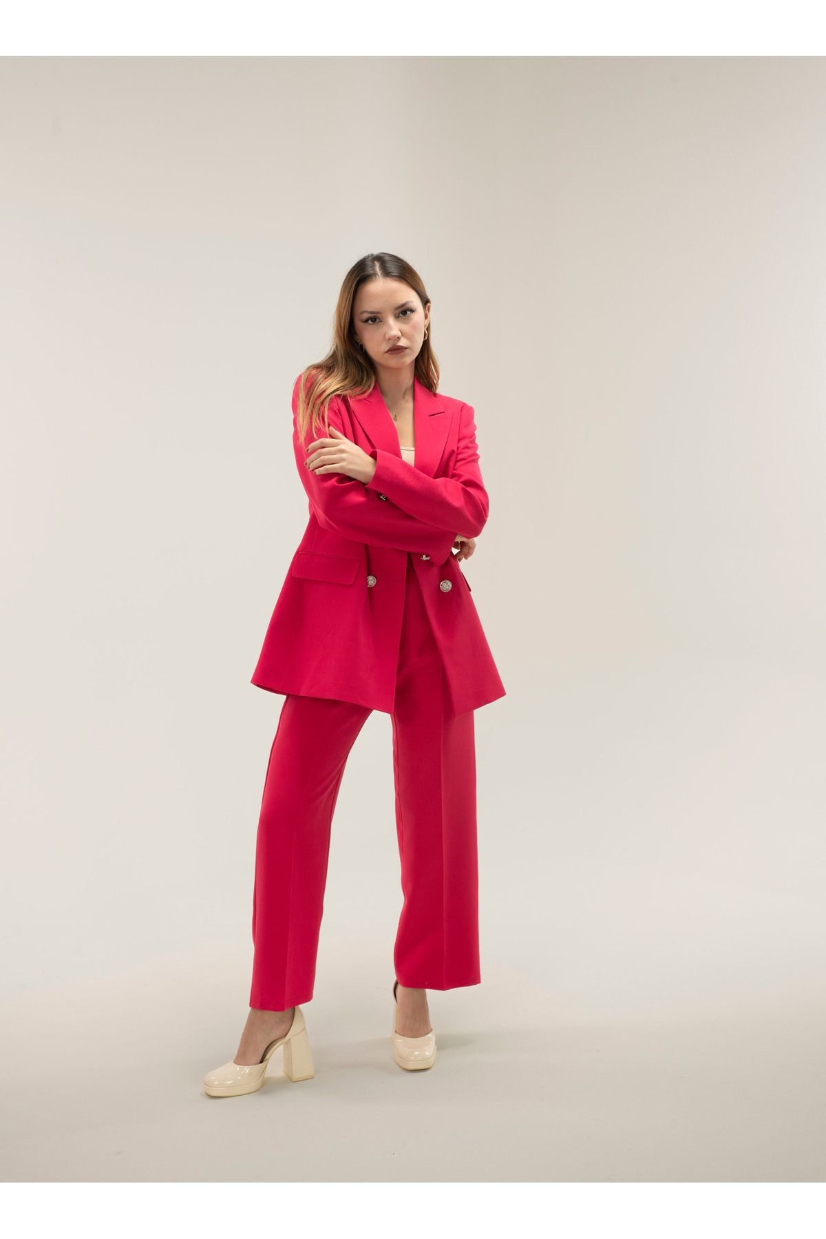 Kruvaze Vatkalı Astarlı Gümüş Düğme Blazer ceket - fuşya