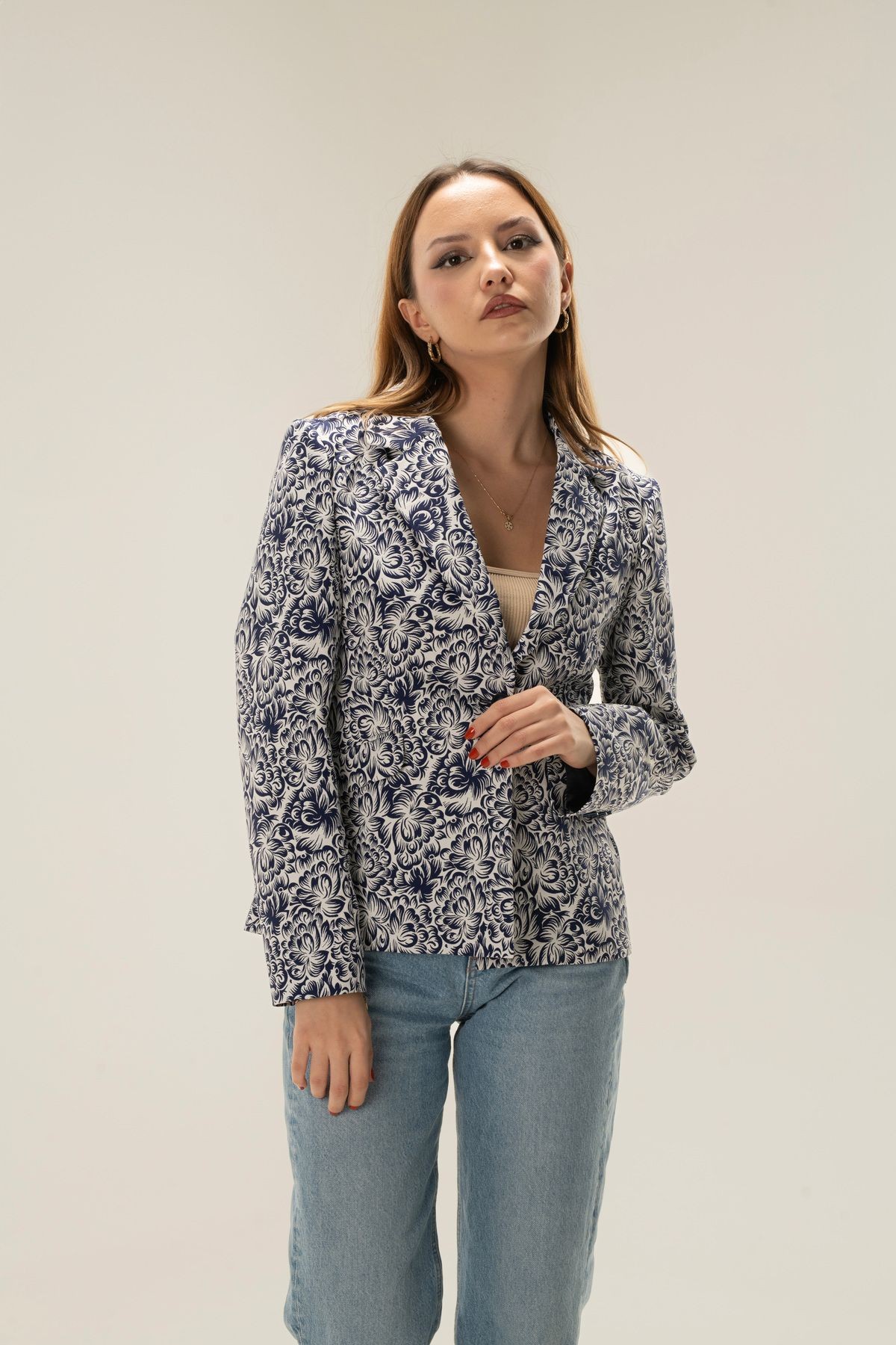 One-Button Blazer Jacket with Patterned Lining Wadding