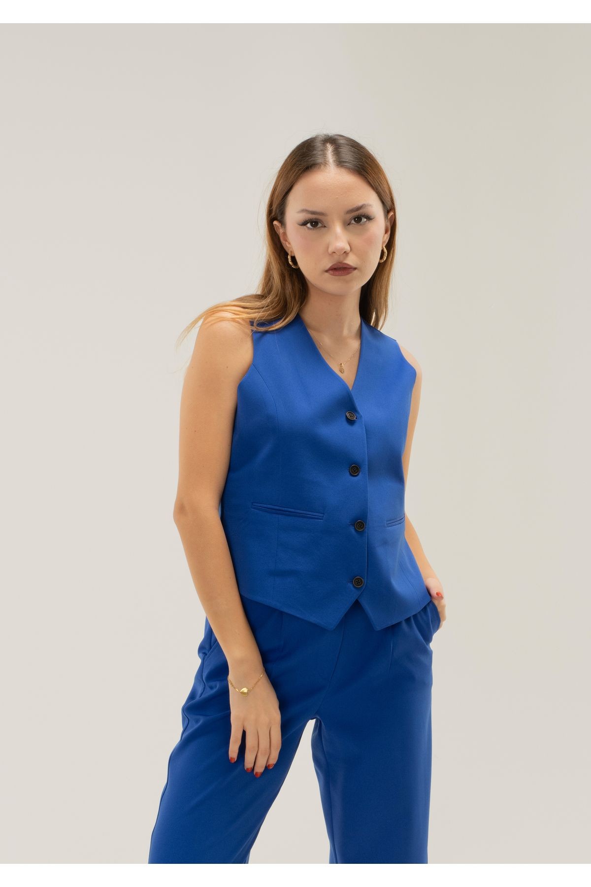 Bebe Mavisi Vucüda Oturan Crop Dokuma Yelek - saks