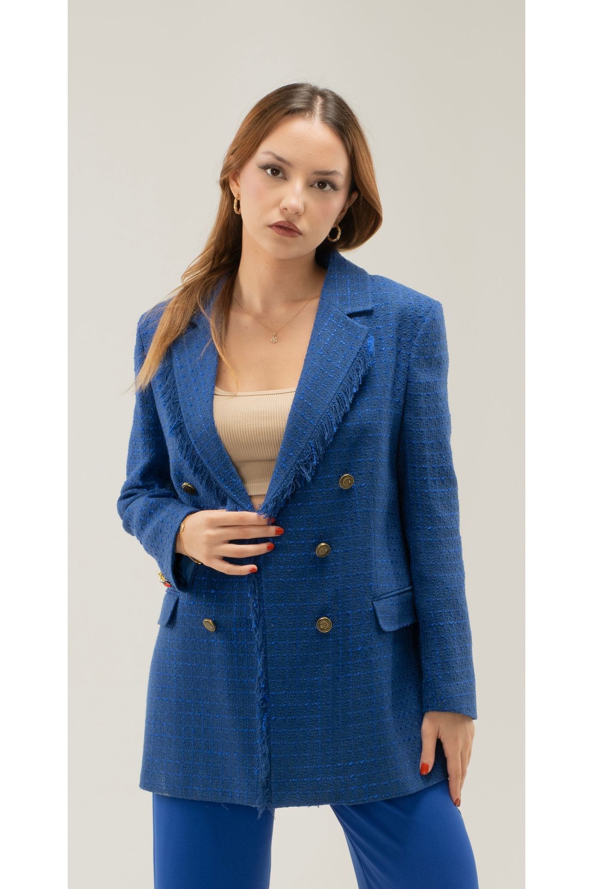 Tüvit Püskülü Astarlı Gold Düğme Blazer Ceket - saks