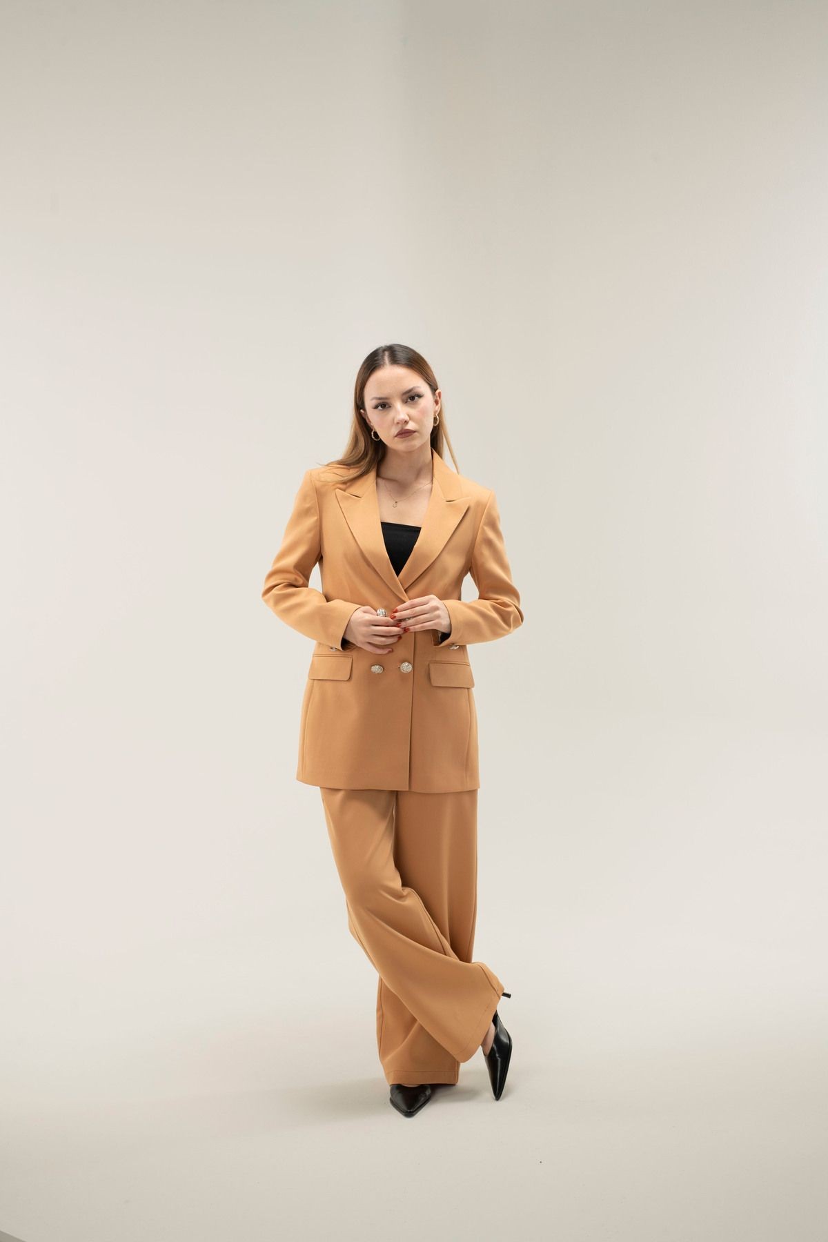 Kruvaze Vatkalı Astarlı Gümüş Düğme Blazer ceket - CARAMEL