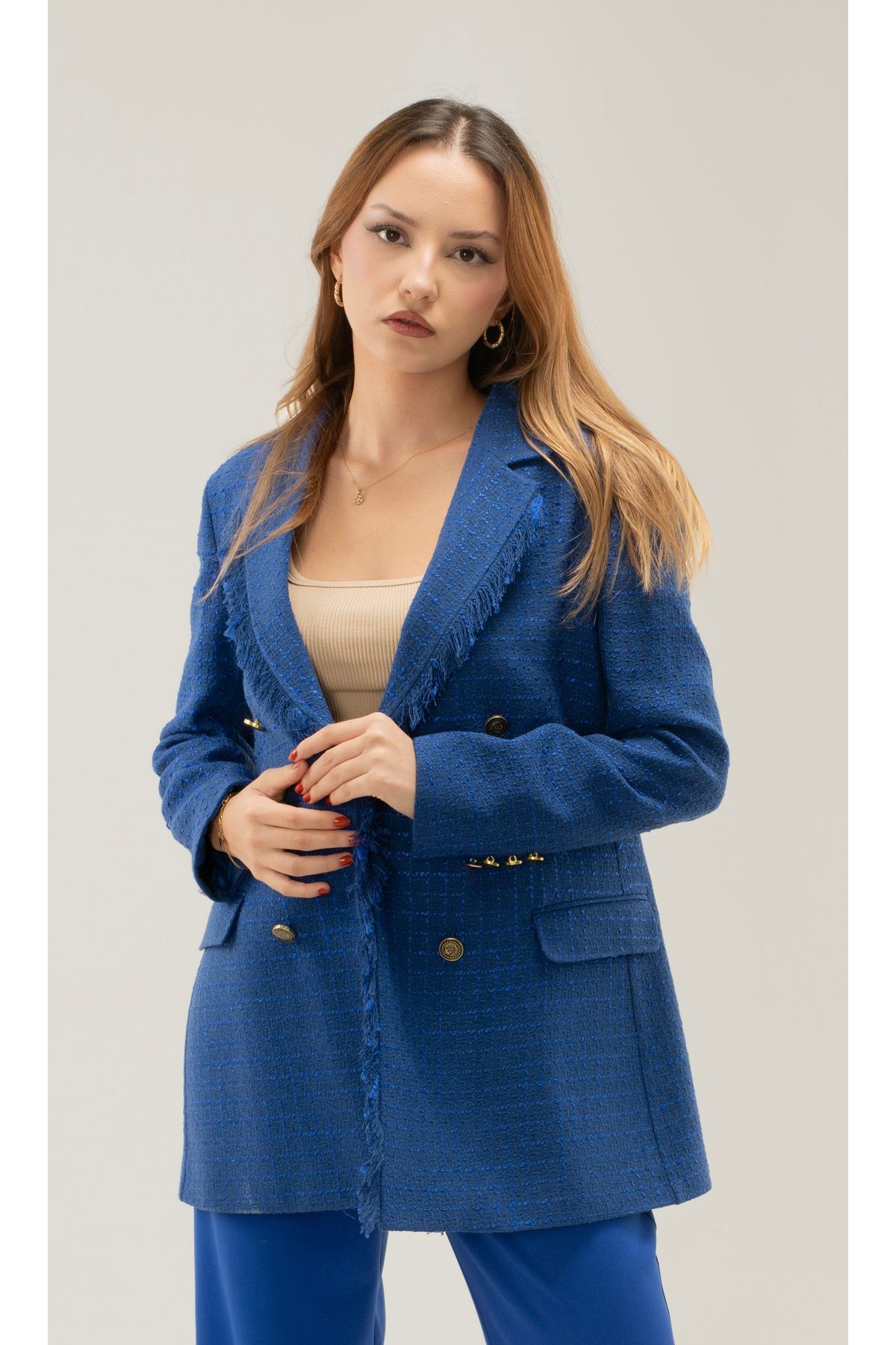 Tüvit Püskülü Astarlı Gold Düğme Blazer Ceket - saks