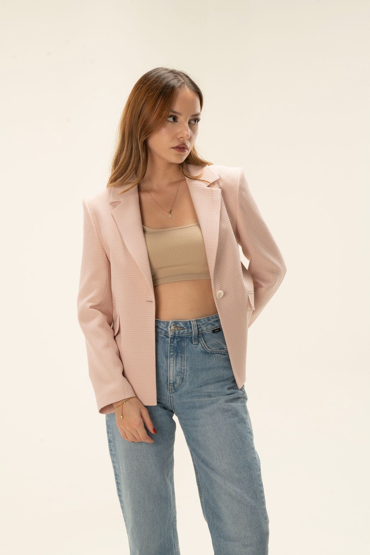 Tek Düğme Astarlı Vatkalı Kısa Blazer ceket - pembe