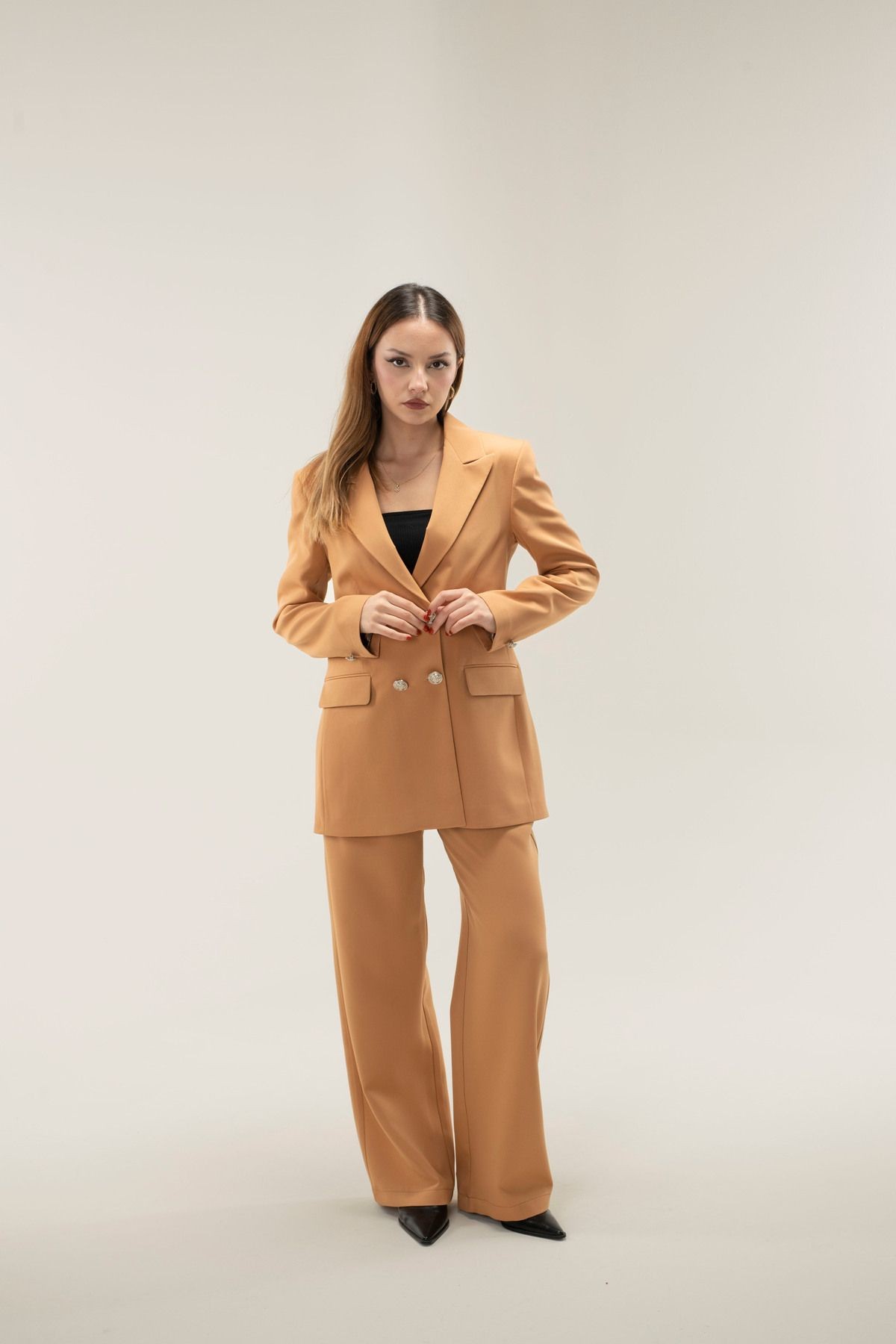 Kruvaze Vatkalı Astarlı Gümüş Düğme Blazer ceket - CARAMEL