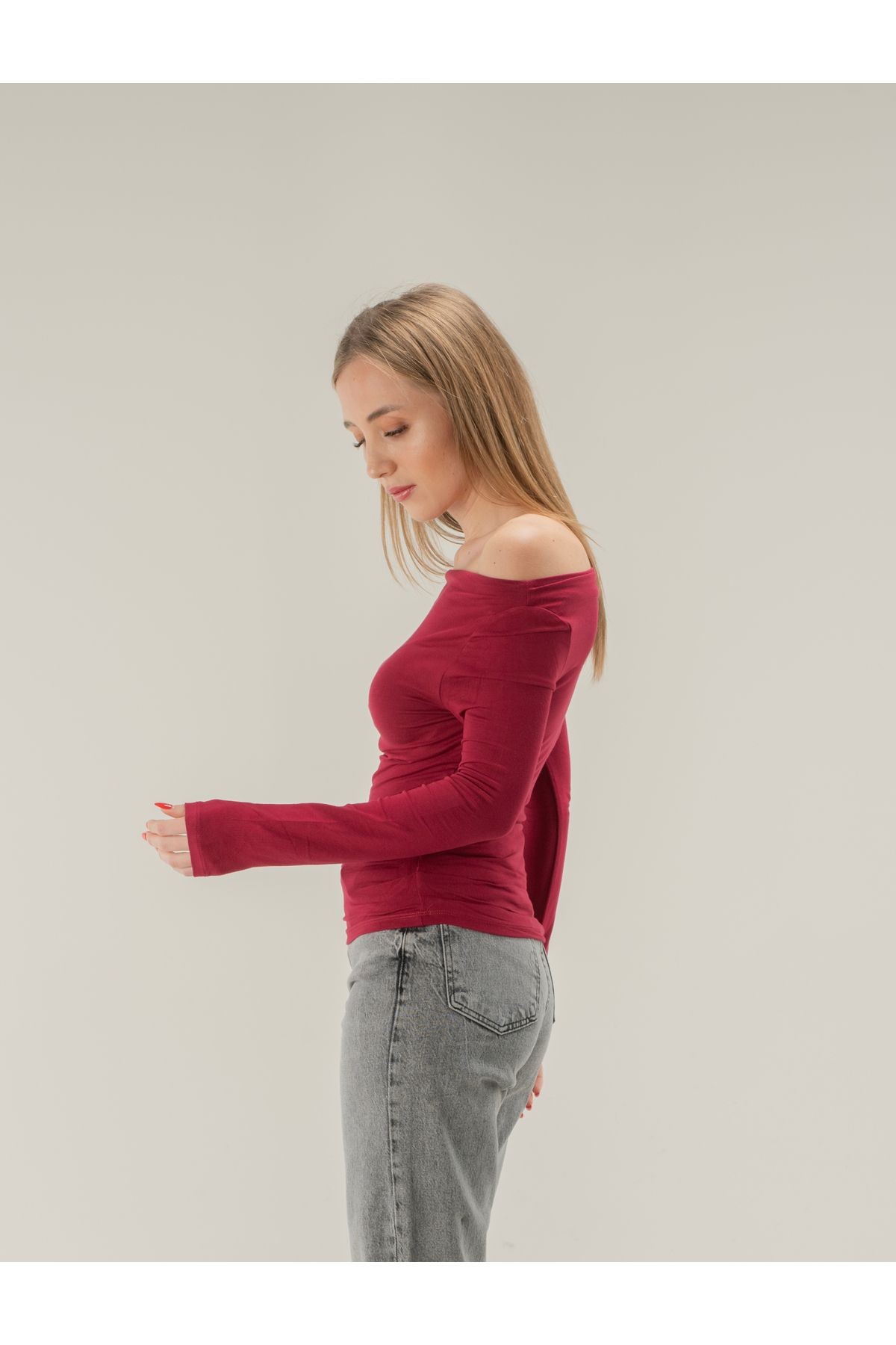 Degaje Yaka Soft Touch Bambu Yan Büzgülü T-shirt - Bordo