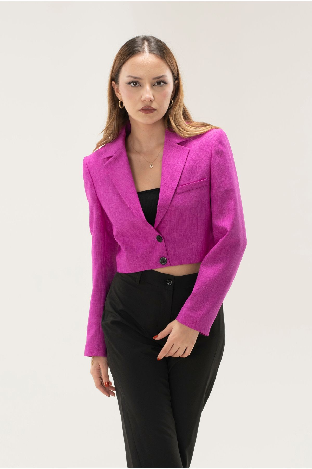  Crop Astarlı Vatkalı Blazer Ceket - fuşya