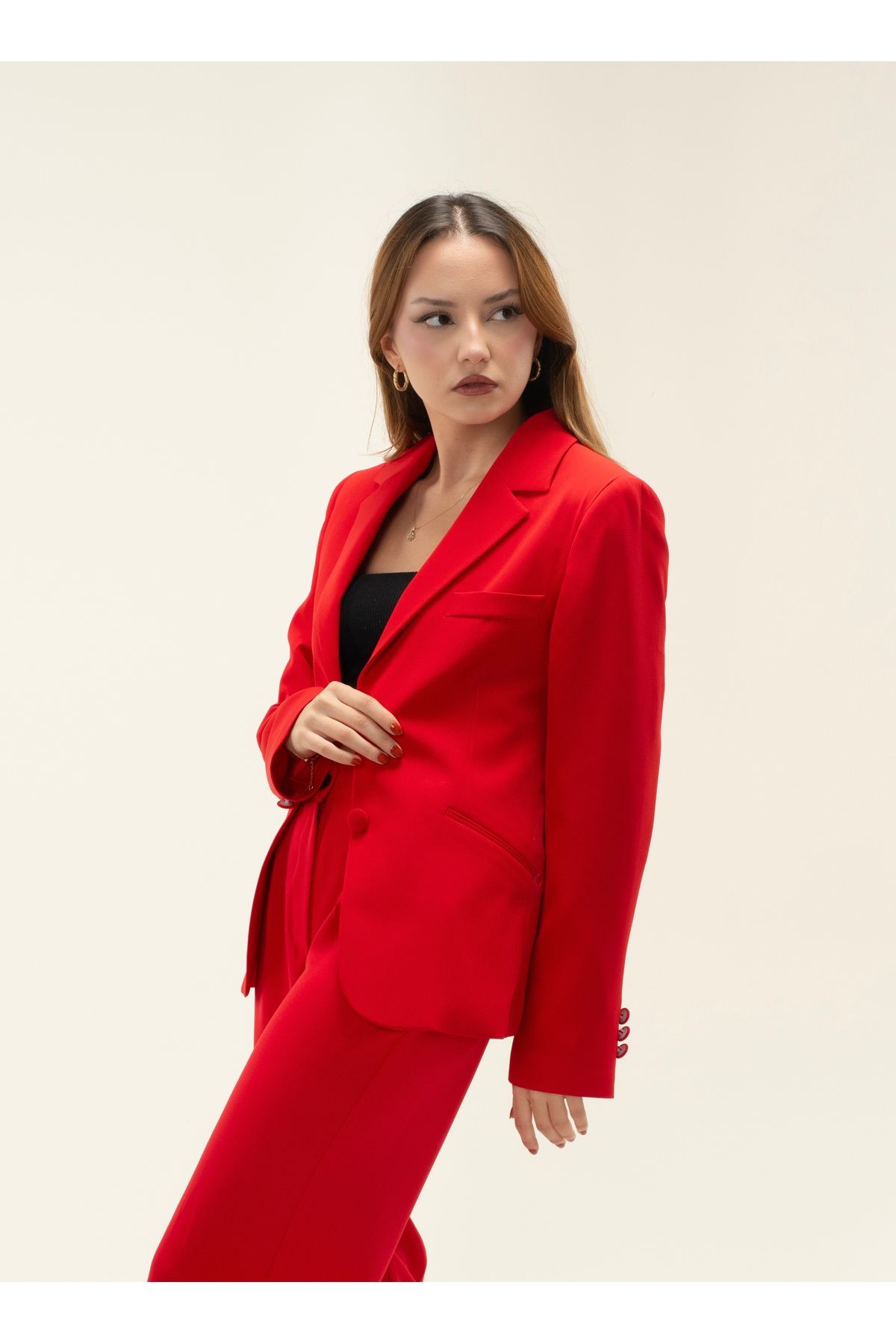 Leopar Astar Çift Düğme Vatkalı Kısa Blazer ceket - Kırmızı