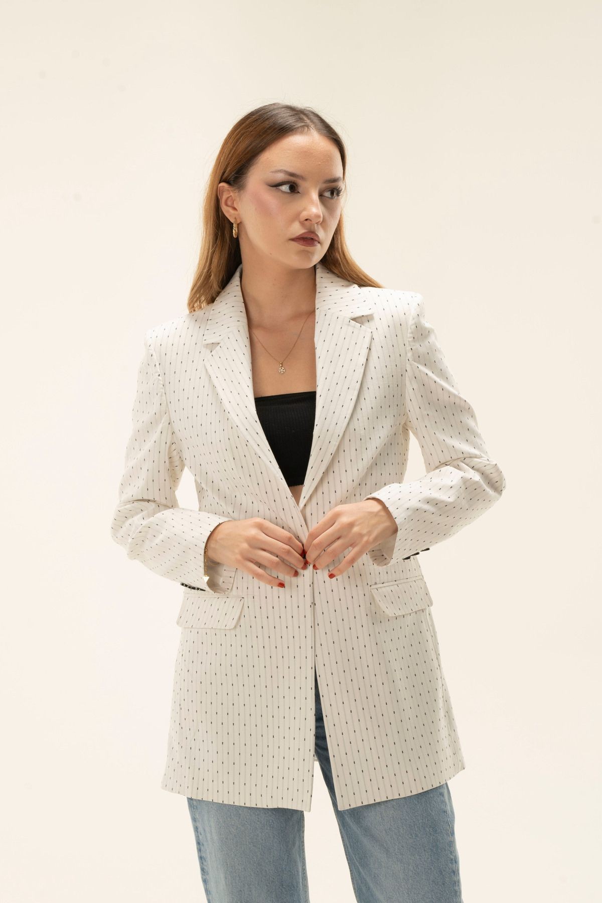 Çizgili Tek Düğme Astarlı Vatkalı Blazer ceket - BEYAZ