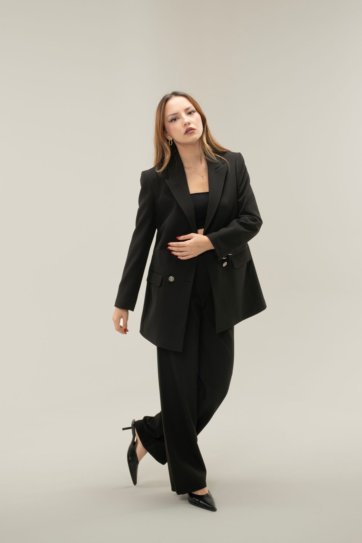 Kruvaze Vatkalı Astarlı Gümüş Düğme Blazer ceket - Siyah