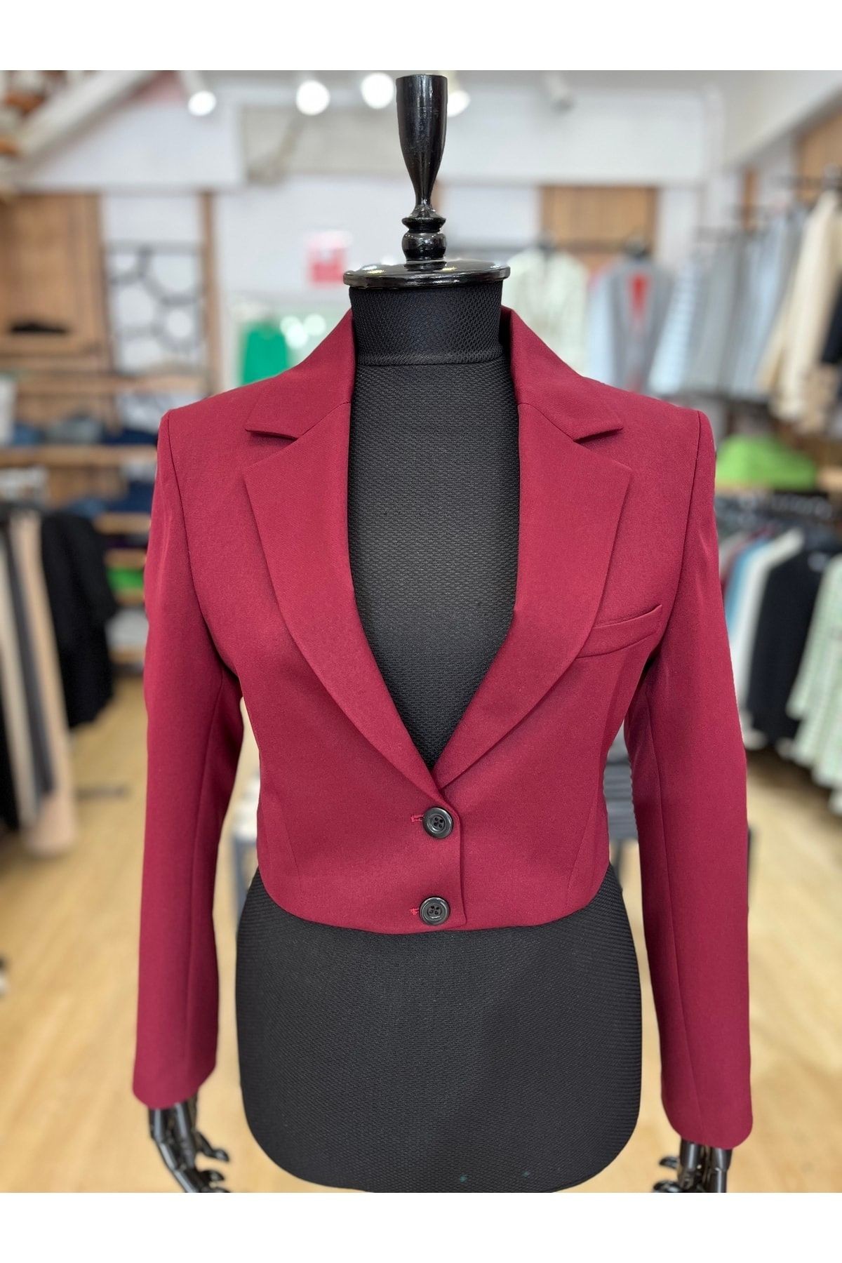Light Green Crop Lined Blazer Jacket - Burgundy