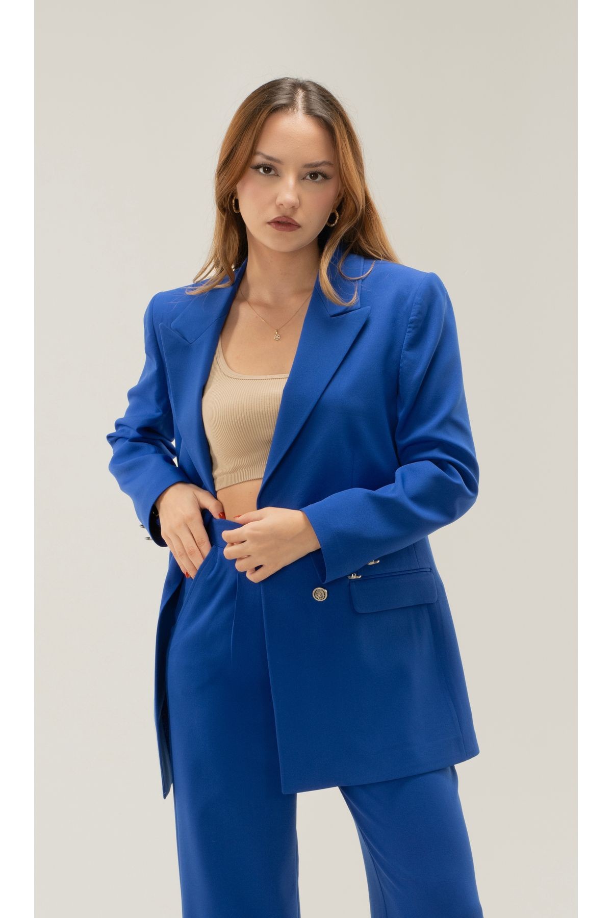 Kruvaze Vatkalı Astarlı Gümüş Düğme Blazer ceket - saks