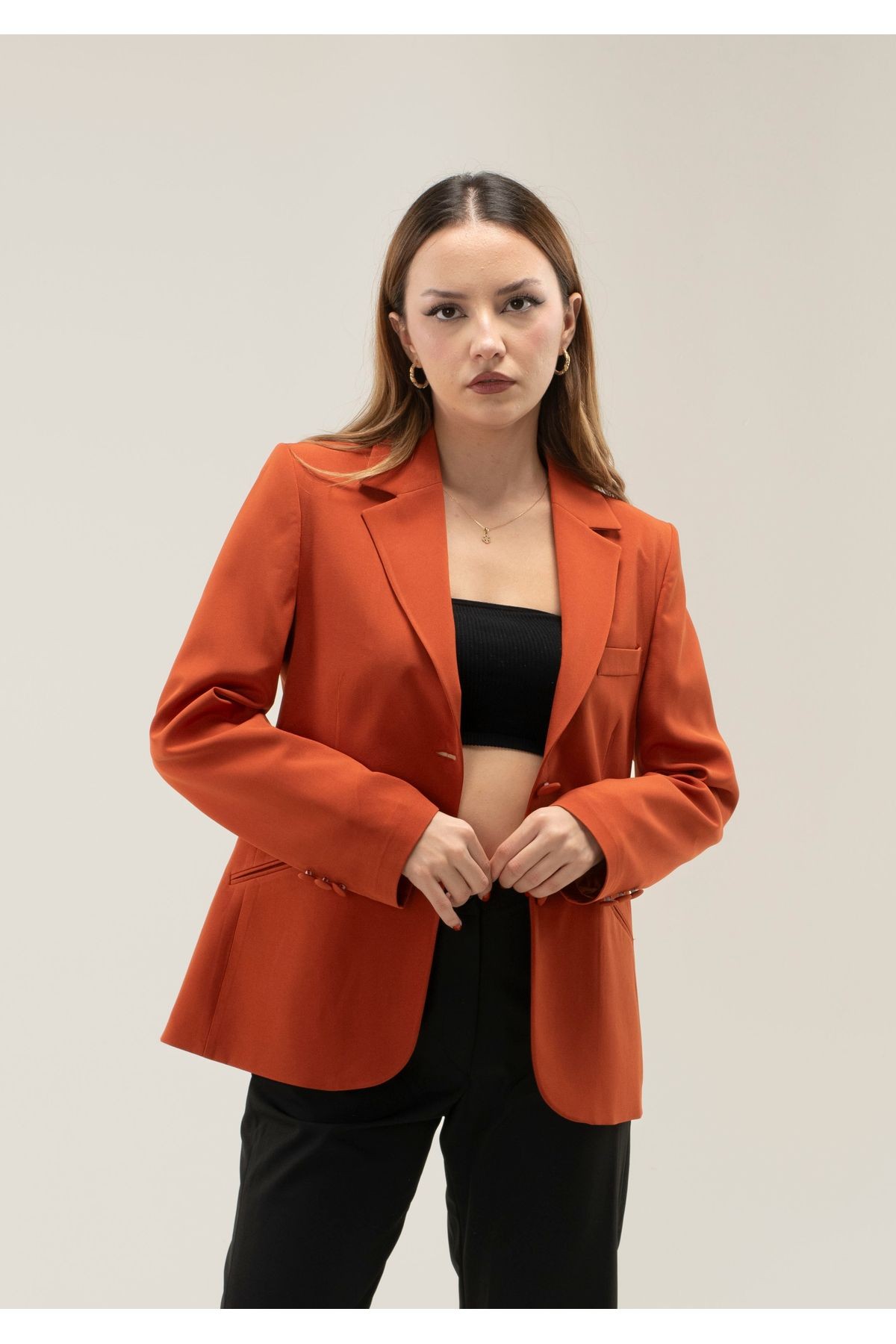Leopar Astar Çift Düğme Vatkalı Kısa Blazer ceket - kiremit