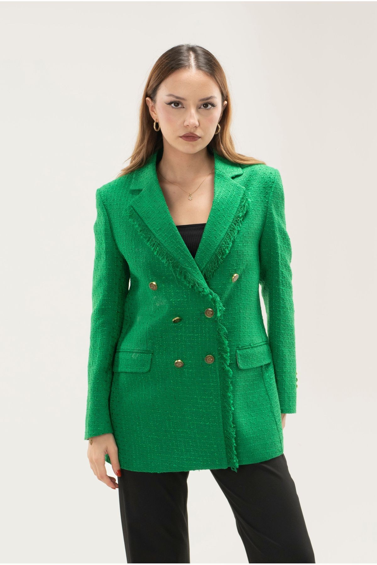 Tüvit Püskülü Astarlı Gold Düğme Blazer Ceket - YEŞİL