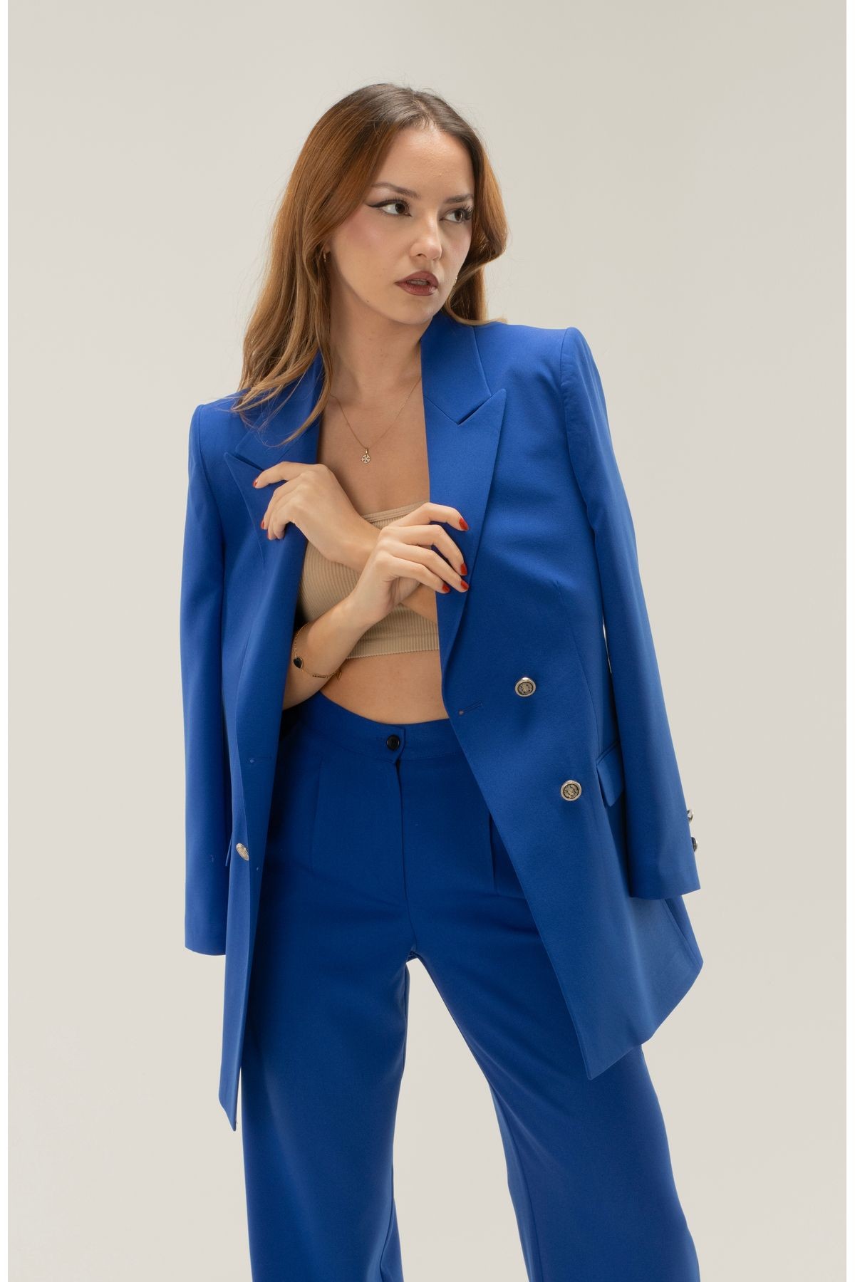 Kruvaze Vatkalı Astarlı Gümüş Düğme Blazer ceket - saks