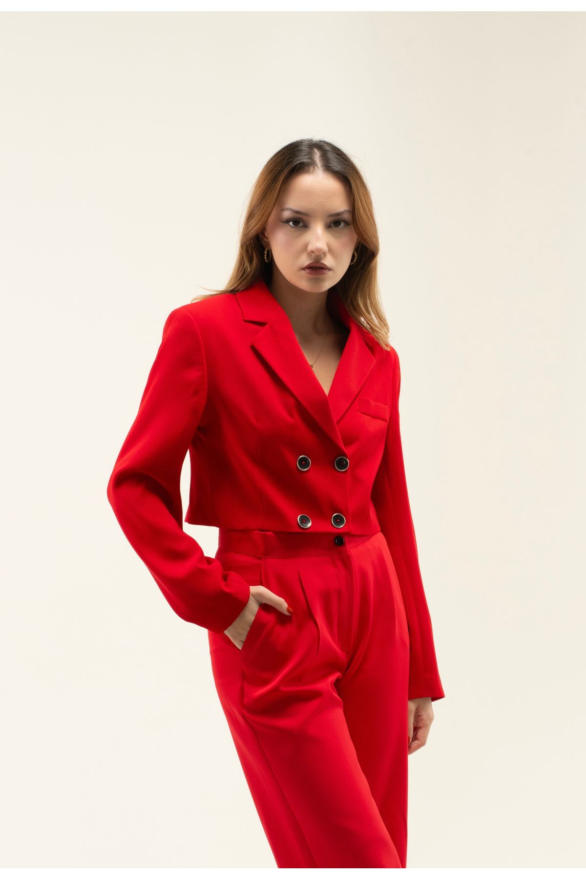 Crop Astarlı Vatkalı Blazer Ceket - Kırmızı