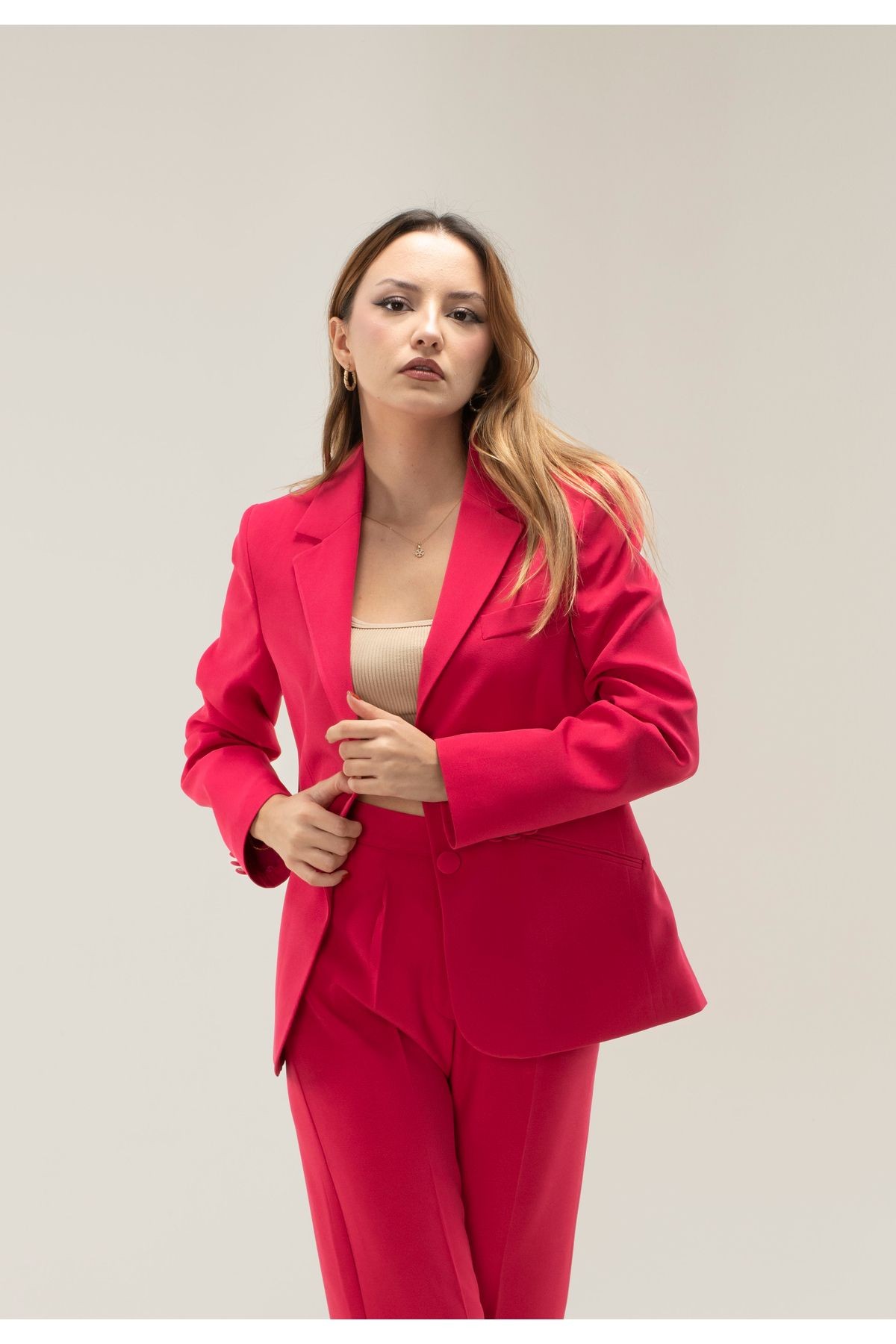Leopar Astar Çift Düğme Vatkalı Kısa Blazer ceket - fuşya