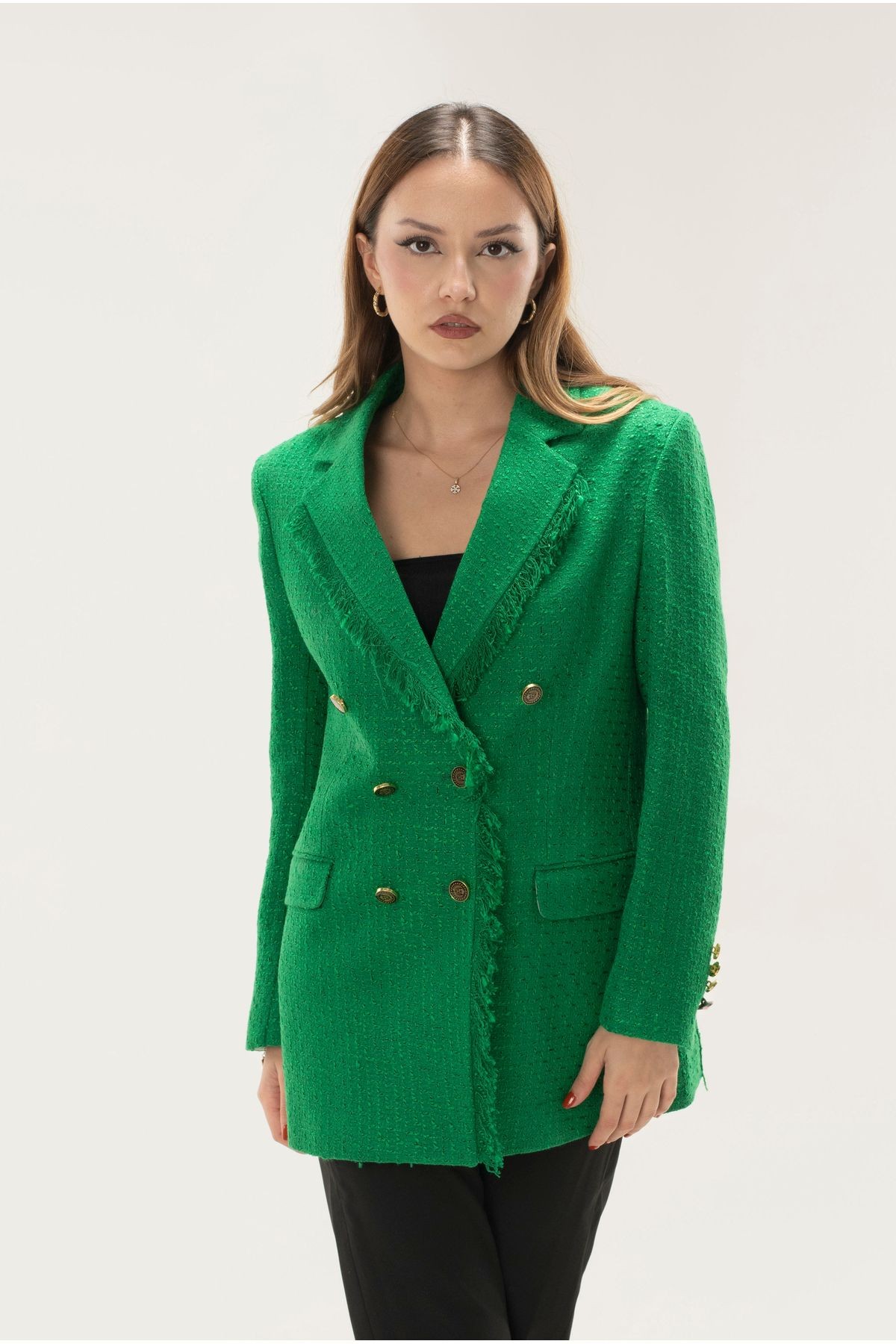 Tüvit Püskülü Astarlı Gold Düğme Blazer Ceket - YEŞİL
