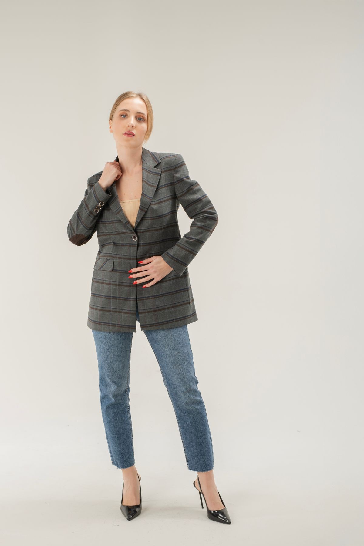 Ekose Dirsek Detaylı Tek Düğme Astarlı Vatkalı Blazer Ceket