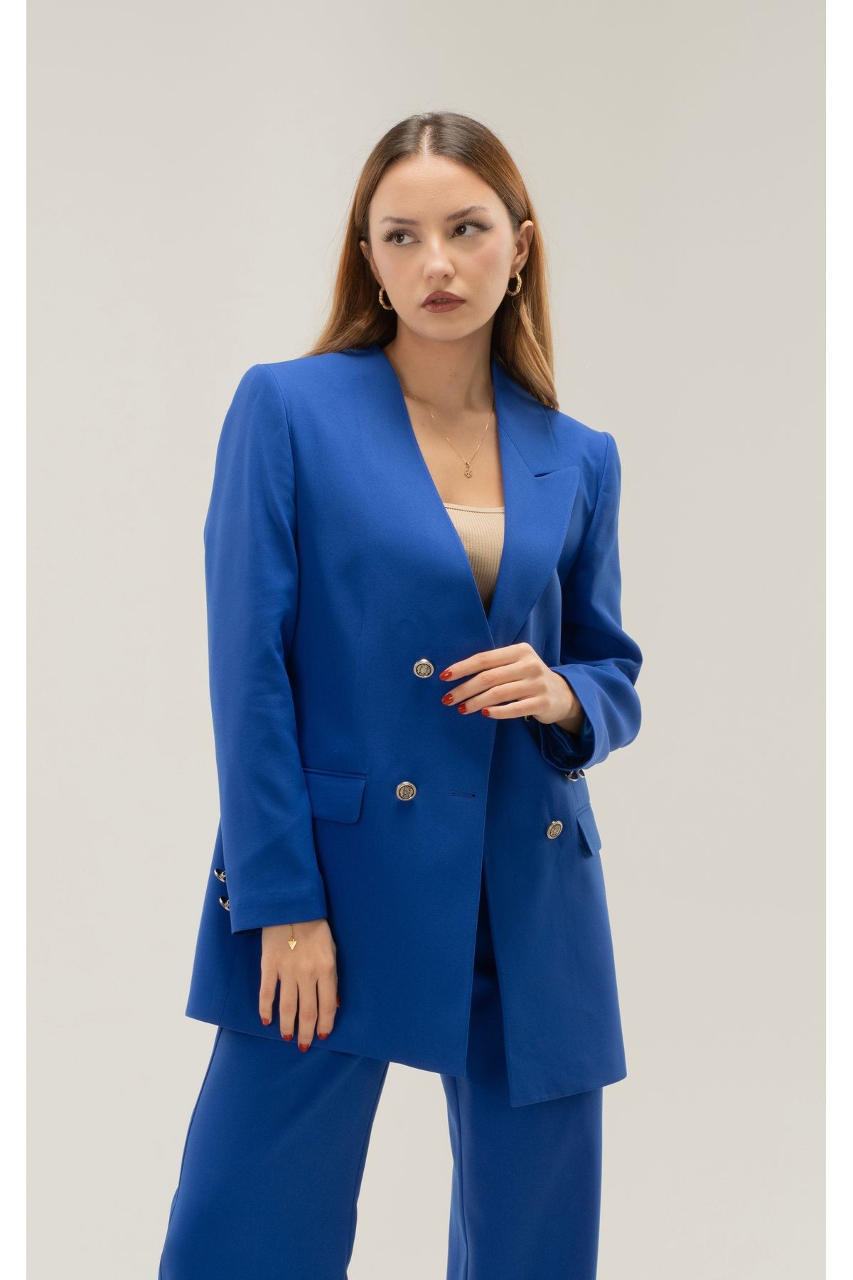 Kruvaze Vatkalı Astarlı Gümüş Düğme Tek Yaka Blazer ceket - saks