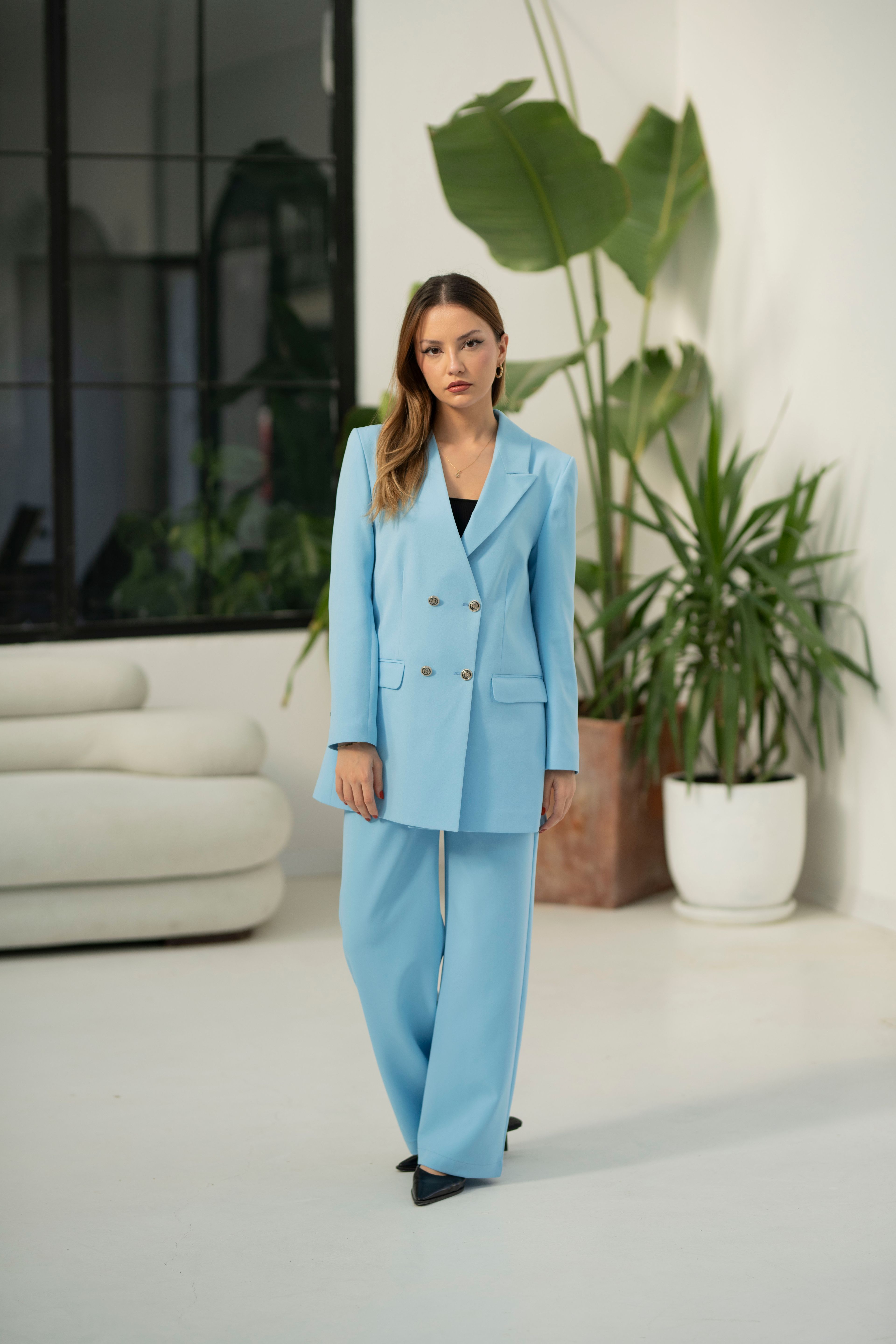 Tek Yaka Blazer Ceket-Pantolon Alt-Üst Takım Exclusive - Bebe Mavisi