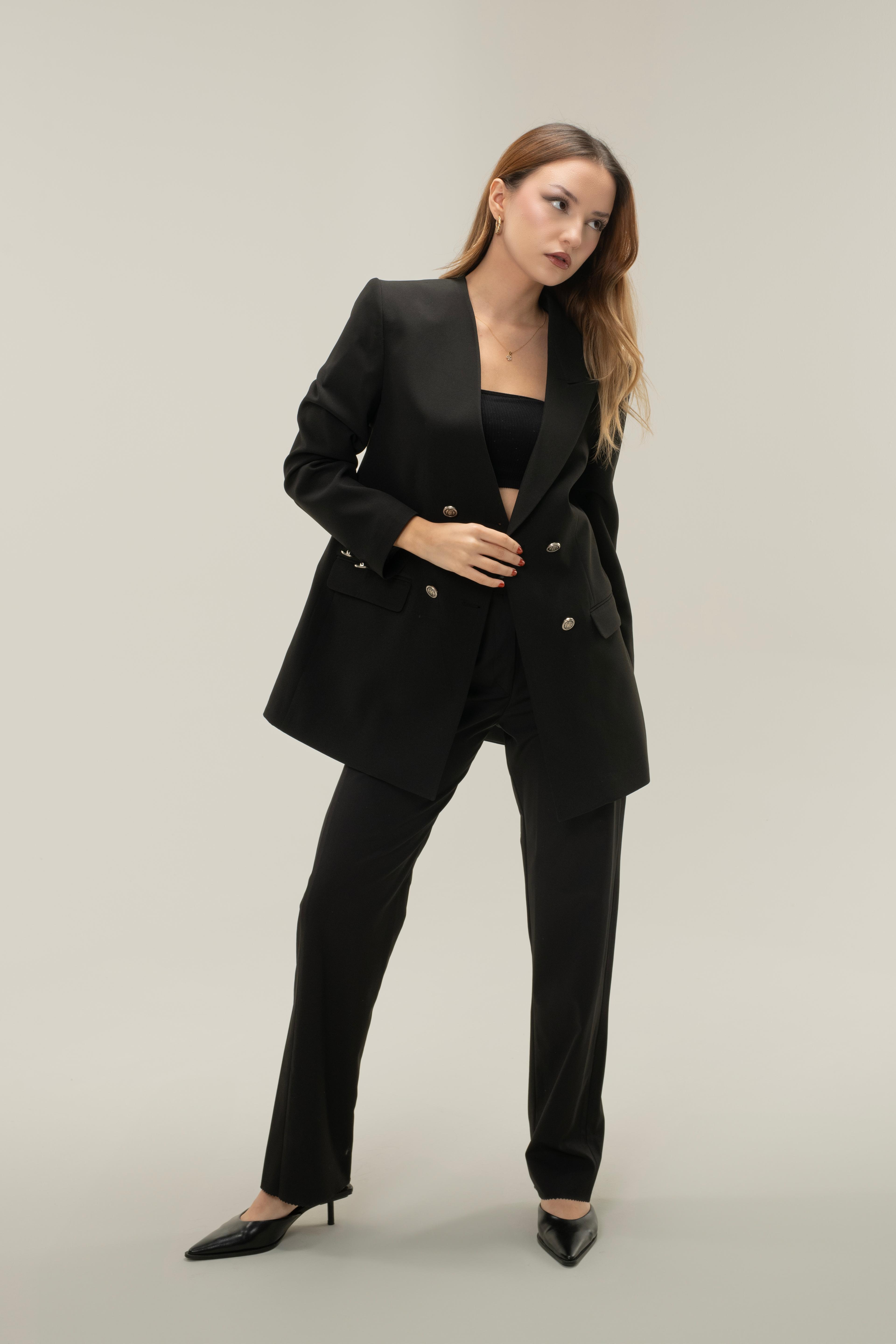 Tek Yaka Blazer Ceket-Pantolon Alt-Üst Takım Exclusive - Siyah