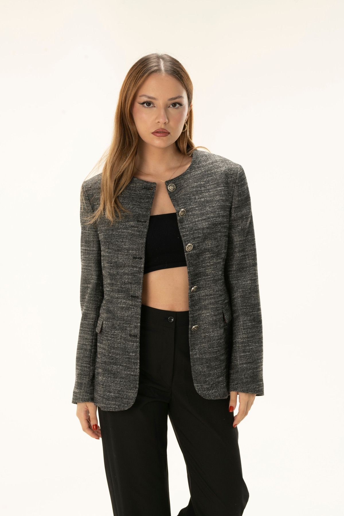 Bisiklet Yakalı Full  Düğme Astarlı Vatkalı Kısa Yün Blazer ceket