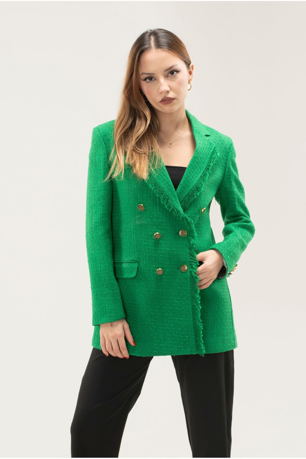 Tüvit Püskülü Astarlı Gold Düğme Blazer Ceket - YEŞİL