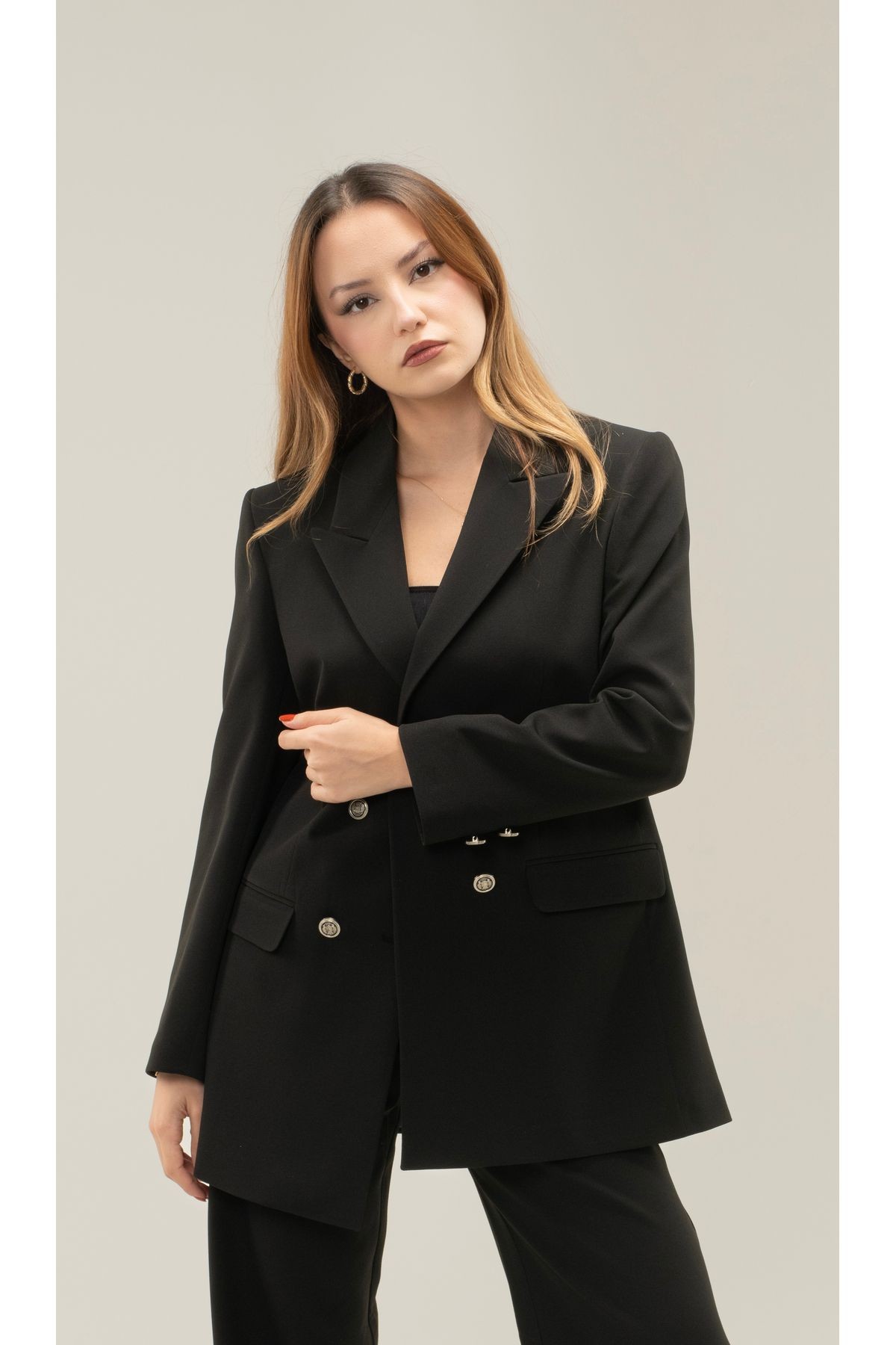Kruvaze Vatkalı Astarlı Gümüş Düğme Blazer ceket - Siyah