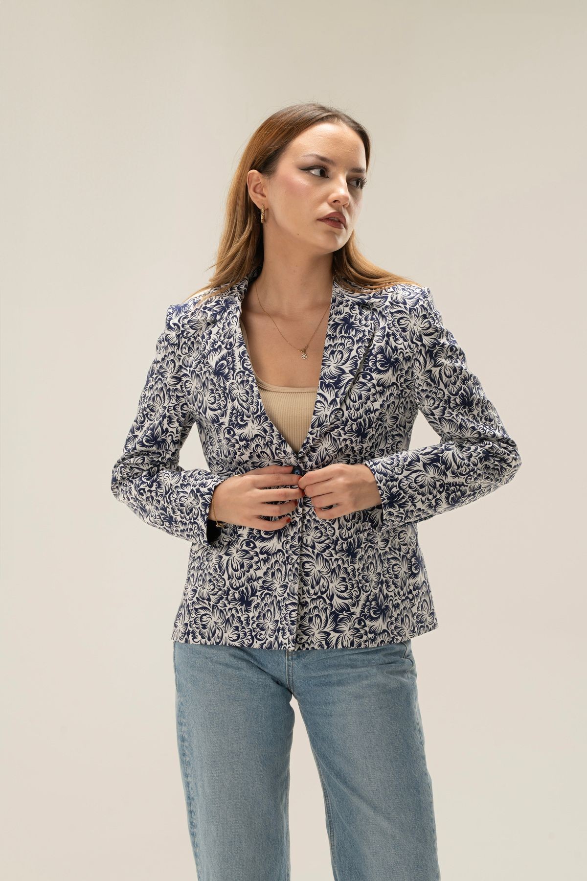 One-Button Blazer Jacket with Patterned Lining Wadding