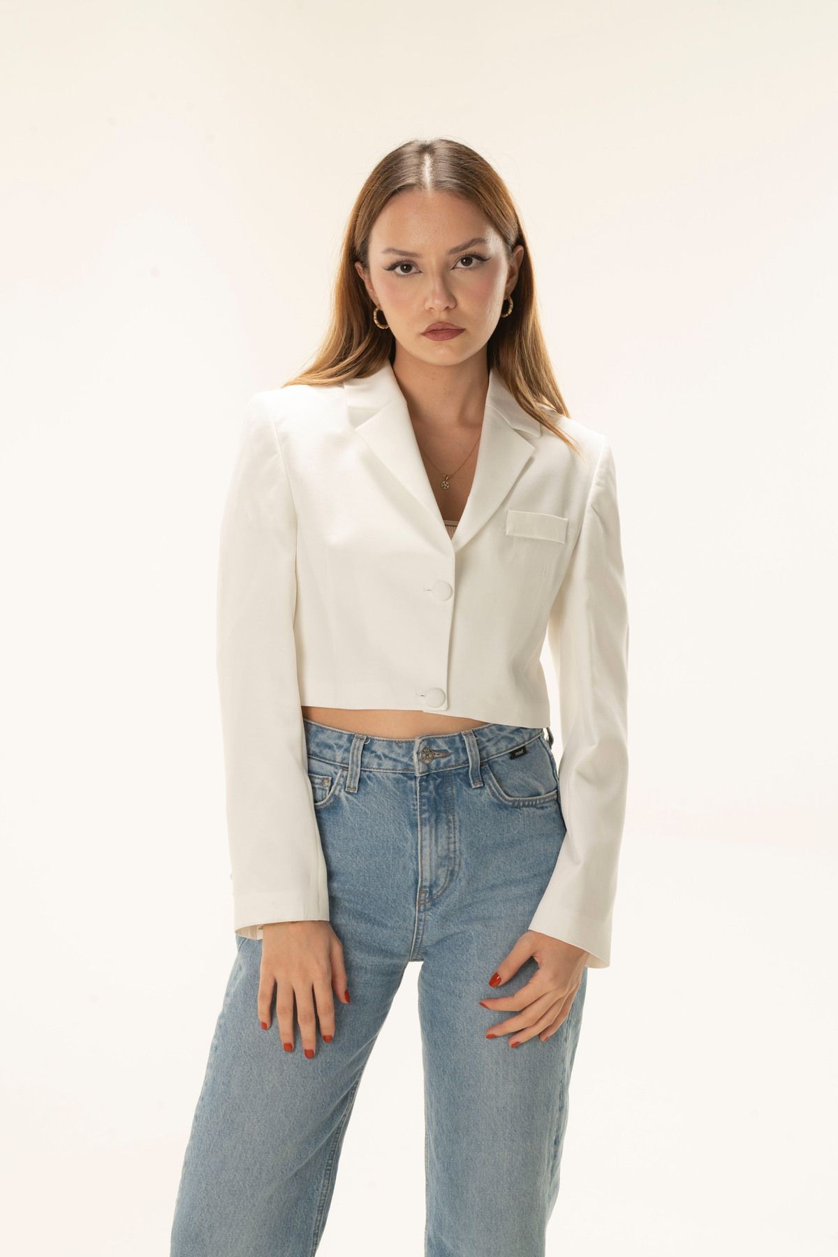 Light Green Crop Lined Blazer Jacket - white
