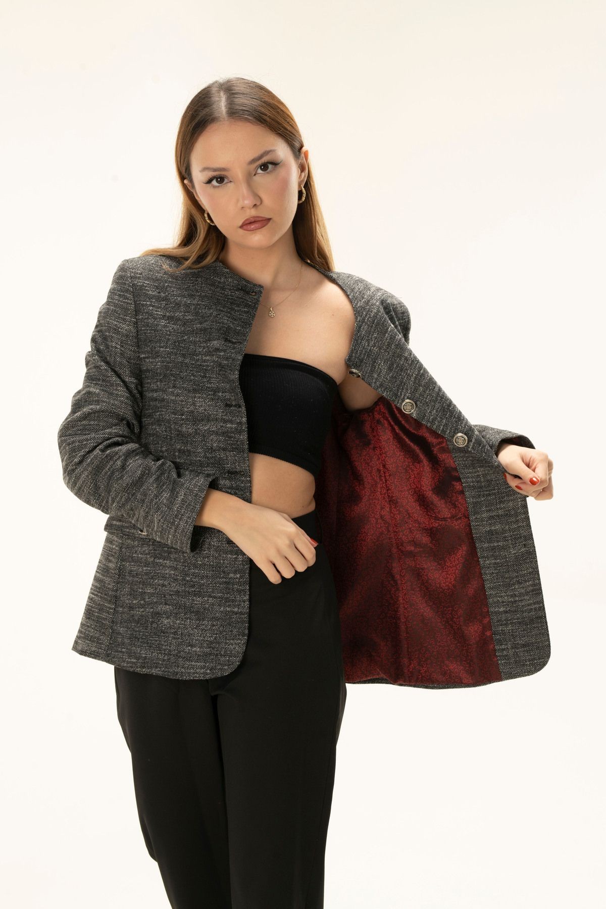Full Button Lined Wadded Short Wool Blazer jacket with Bicycle Collar