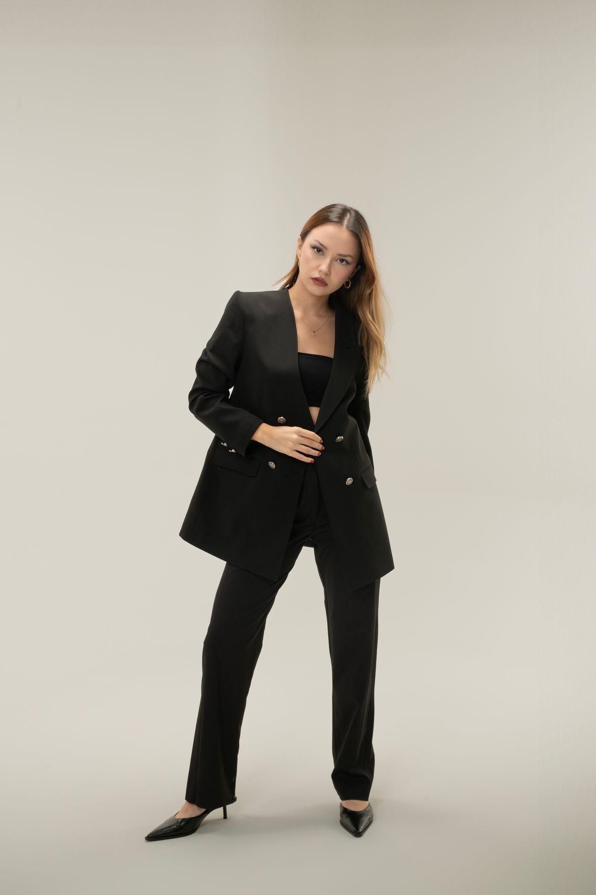 Kruvaze Vatkalı Astarlı Gümüş Düğme Tek Yaka Blazer ceket - Siyah