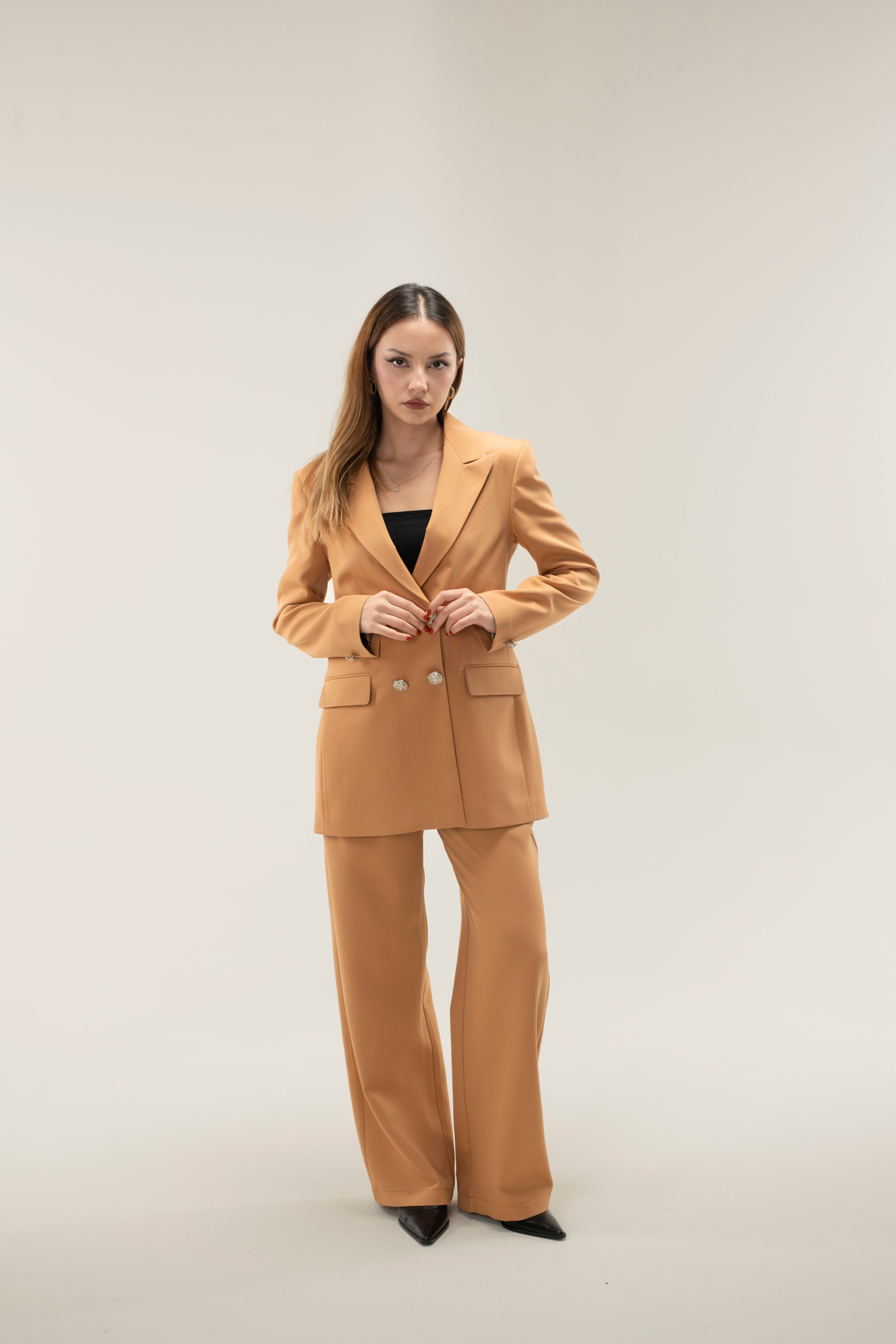 Blazer Ceket-Pantolon Dokuma Alt-Üst Takım - CARAMEL
