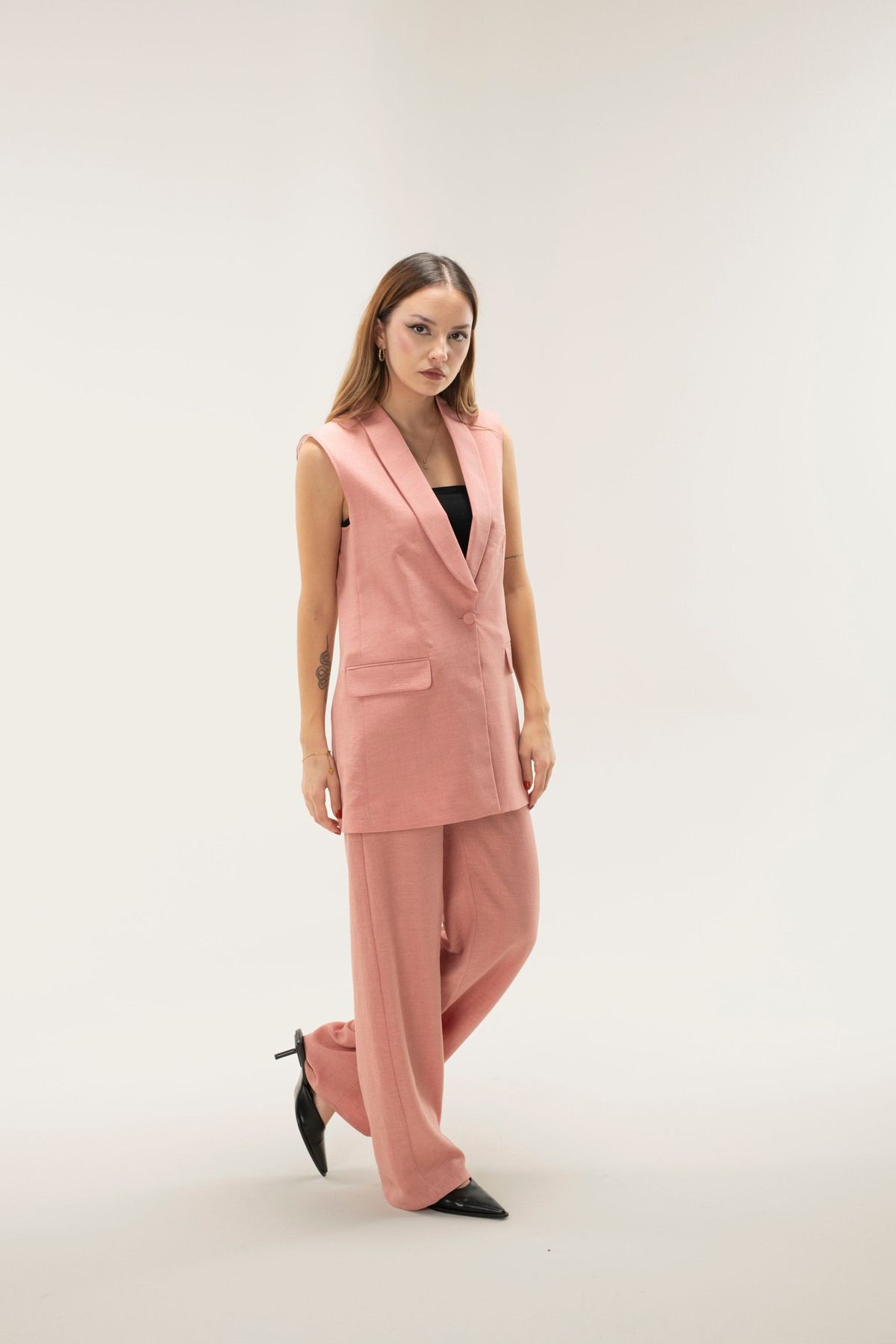 Sofia Keten Kolsuz Astarlı Şal Yaka Blazer Ceket - pembe