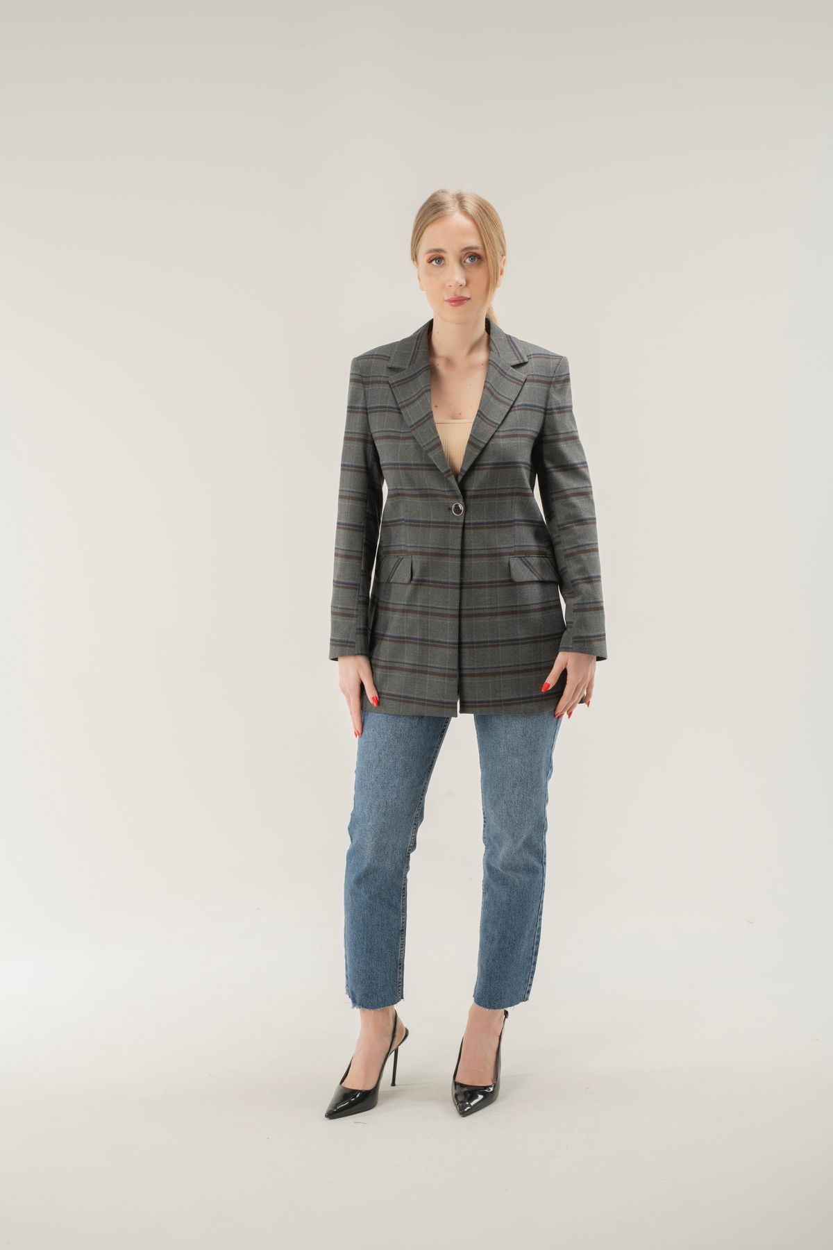 Ekose Dirsek Detaylı Tek Düğme Astarlı Vatkalı Blazer Ceket