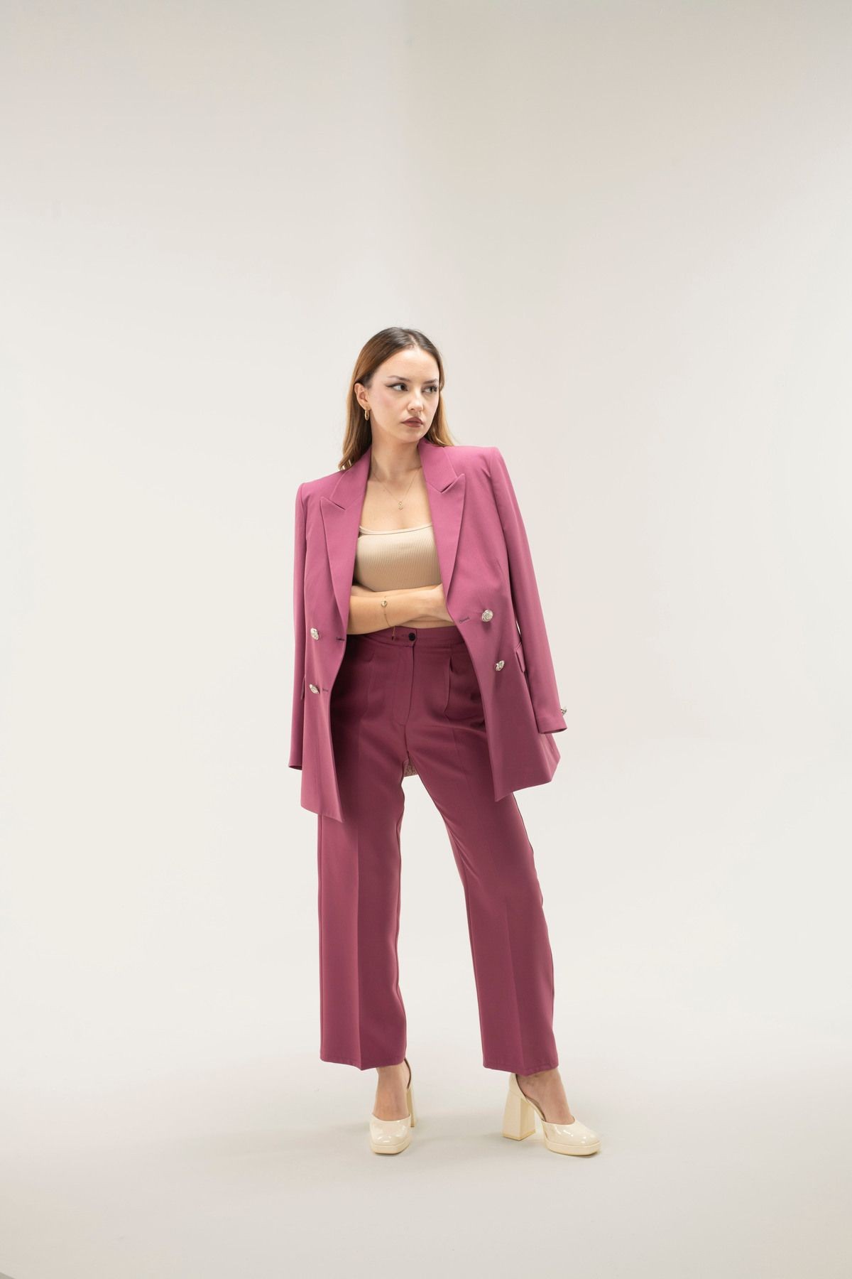 Kruvaze Vatkalı Astarlı Gümüş Düğme Blazer ceket - MOR