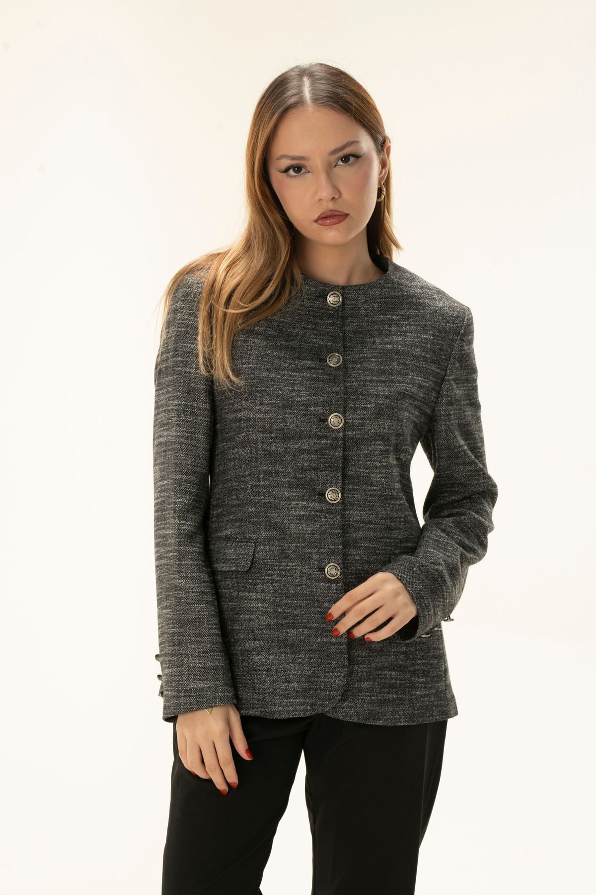 Full Button Lined Wadded Short Wool Blazer jacket with Bicycle Collar