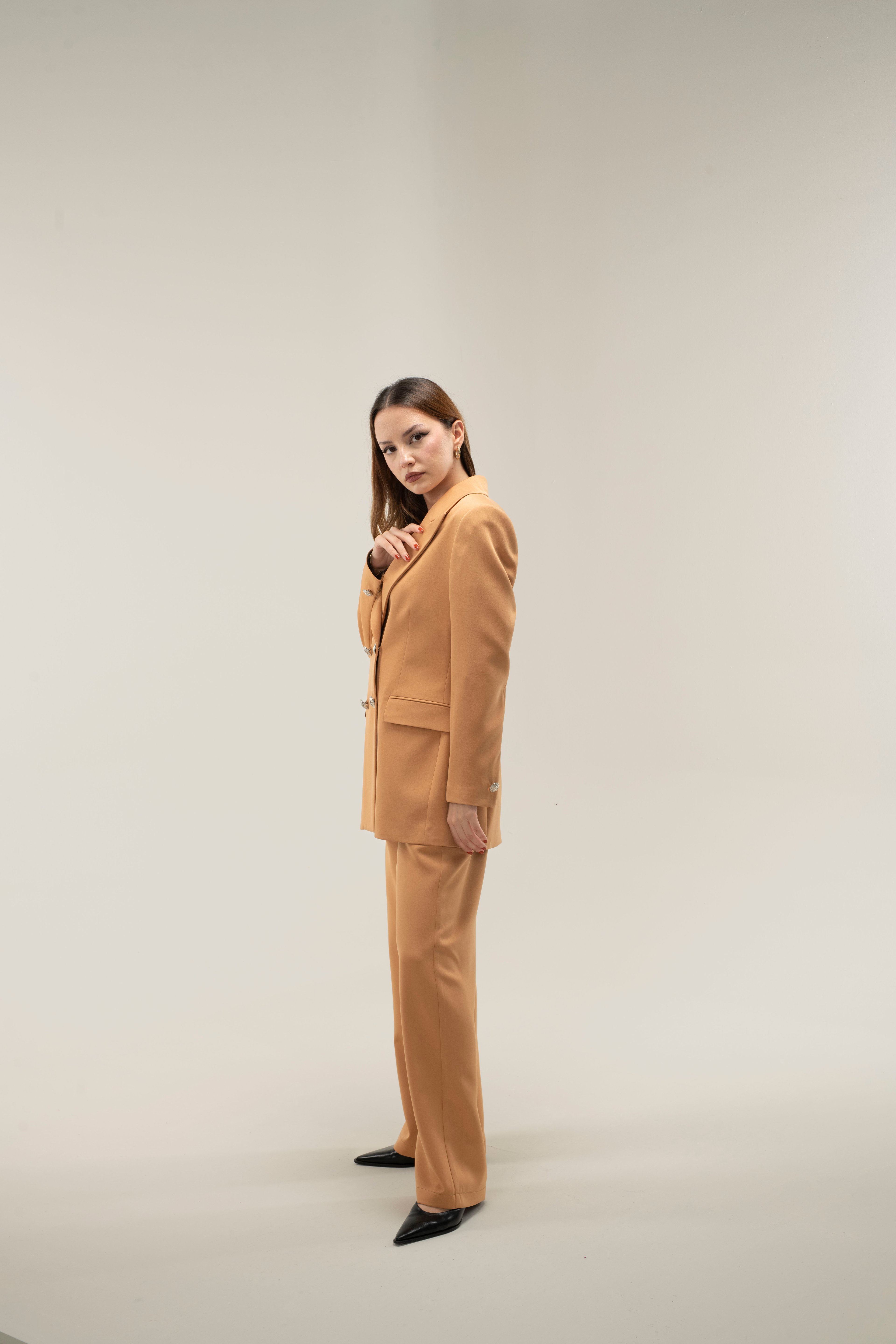 Blazer Ceket-Pantolon Dokuma Alt-Üst Takım - CARAMEL