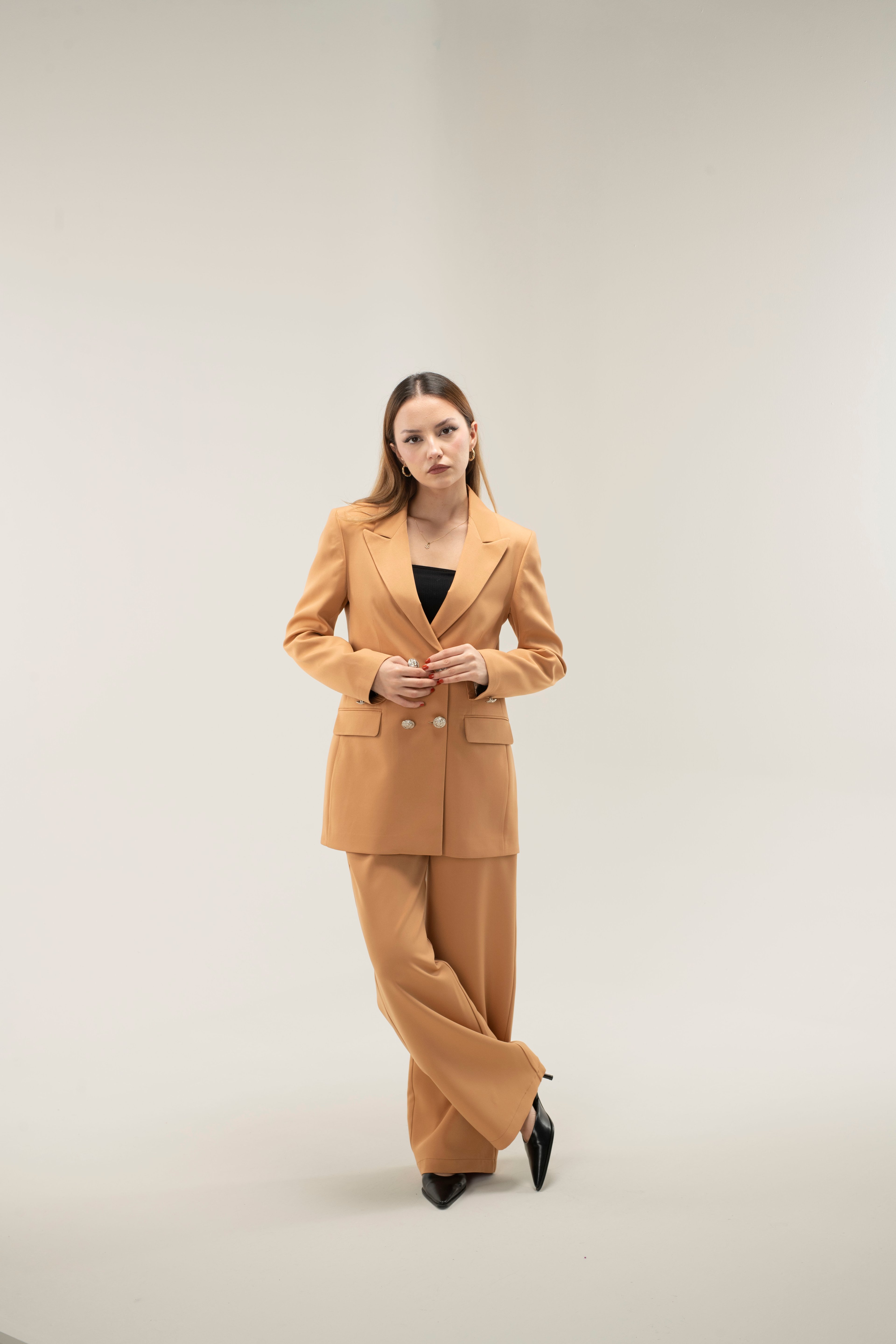 Blazer Ceket-Pantolon Dokuma Alt-Üst Takım - CARAMEL