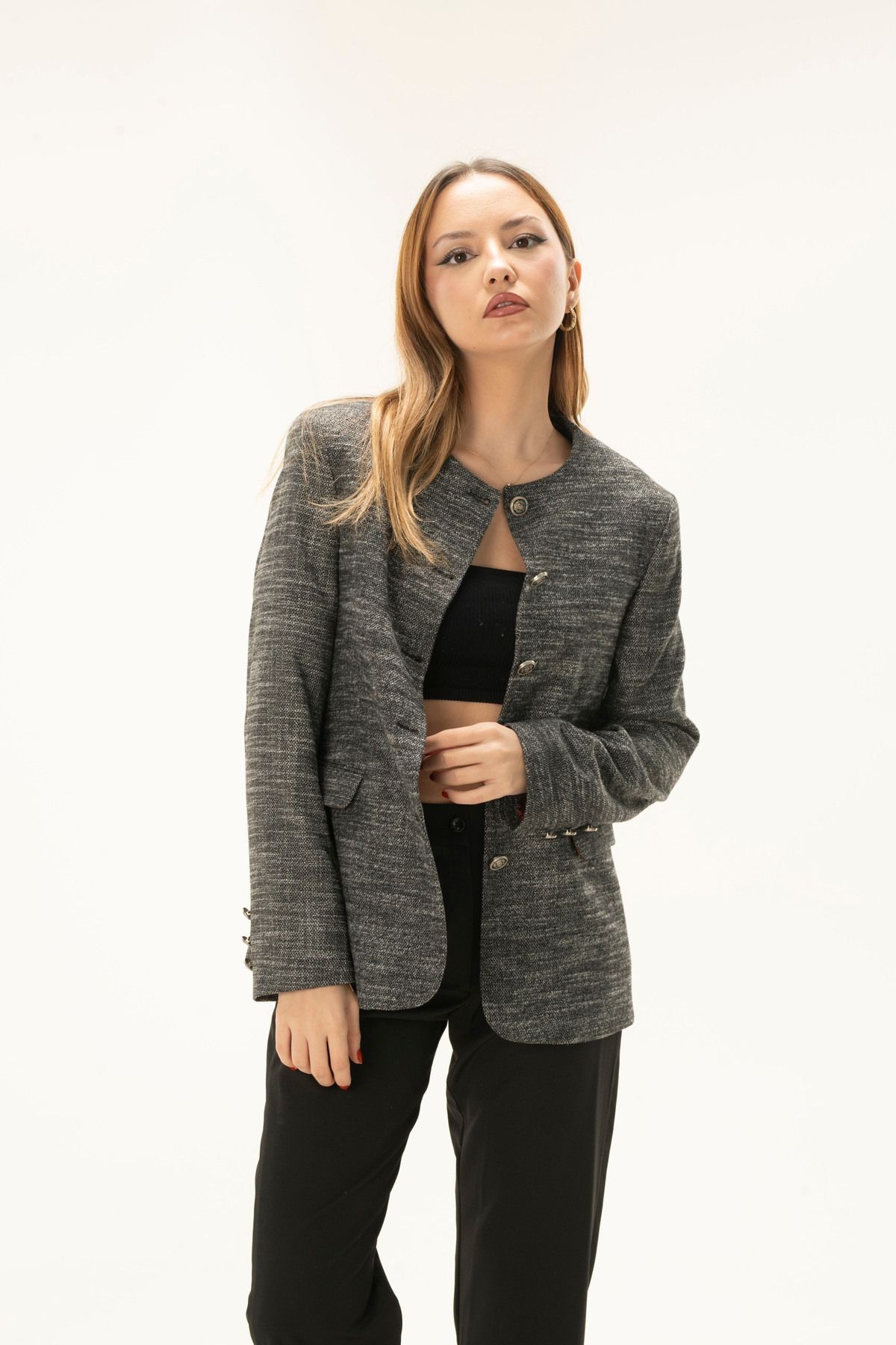 Full Button Lined Wadded Short Wool Blazer jacket with Bicycle Collar