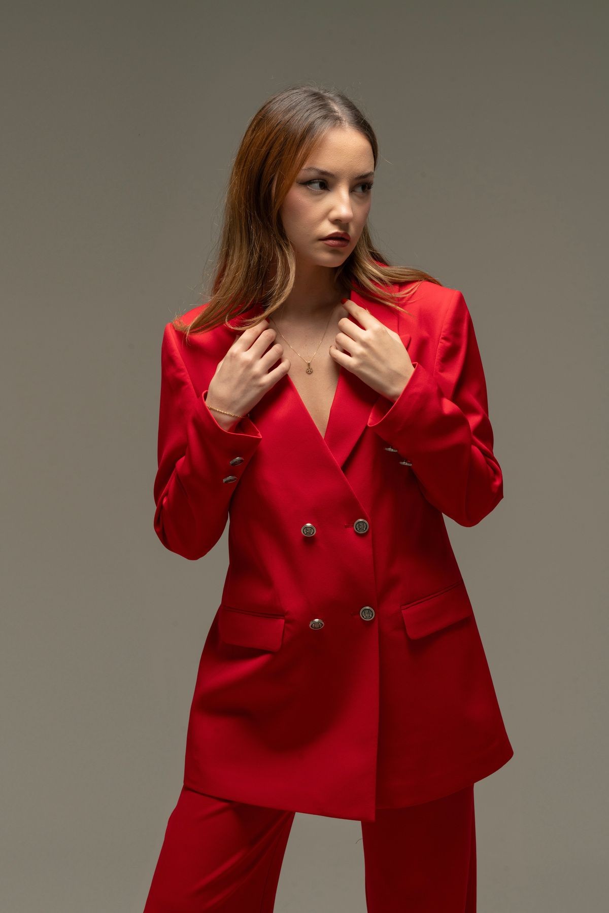 Kruvaze Vatkalı Astarlı Gümüş Düğme Tek Yaka Blazer ceket - Kırmızı