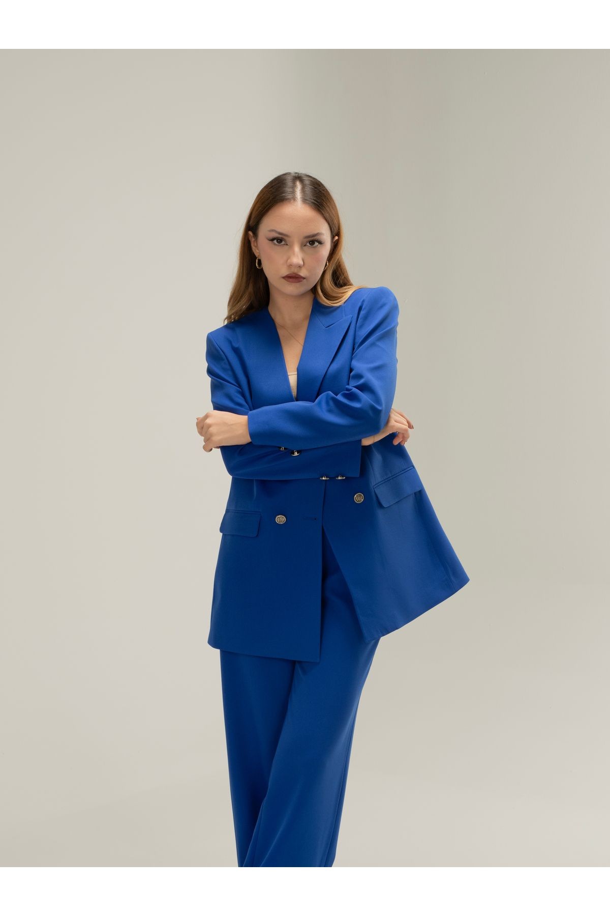 Kruvaze Vatkalı Astarlı Gümüş Düğme Tek Yaka Blazer ceket - saks