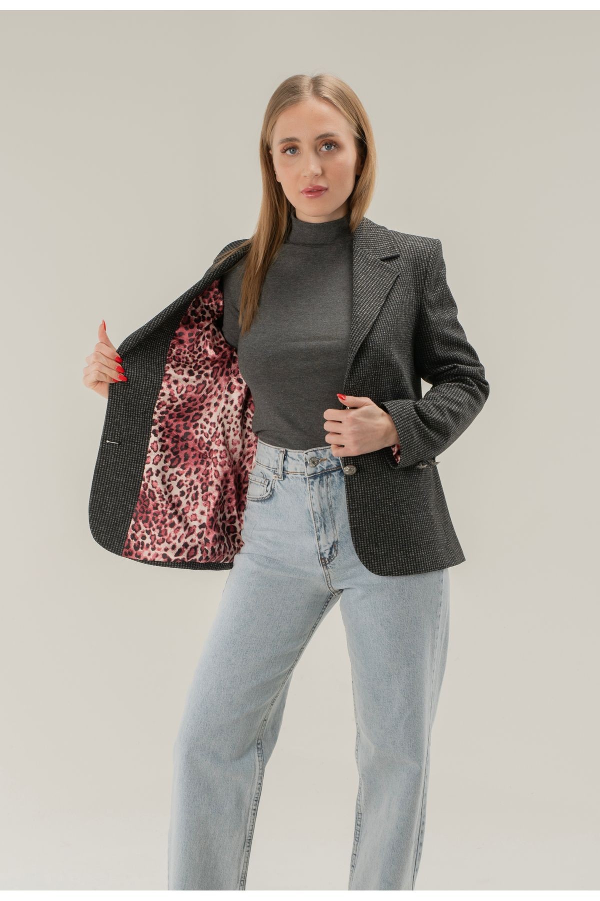 Leopar Astarlı Blazer Ceket Çift Düğme-EXCLUSİVE